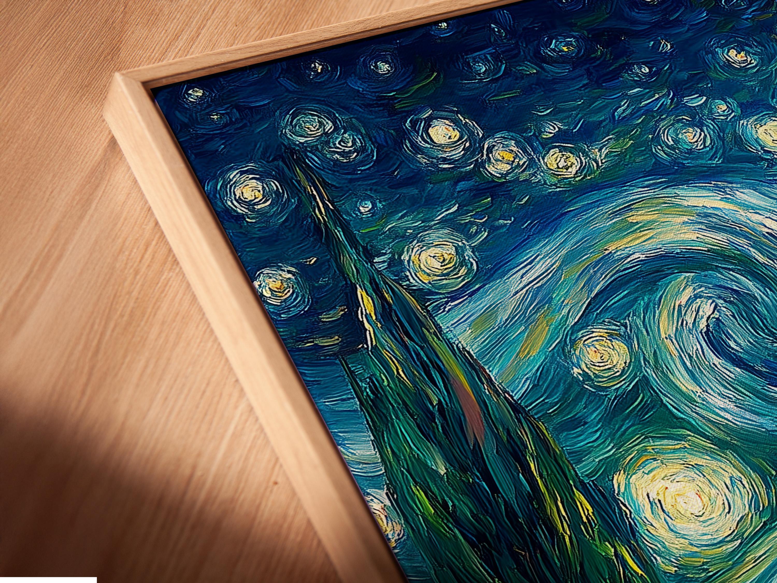 Room mockup showing a framed starry night painting on a light wall