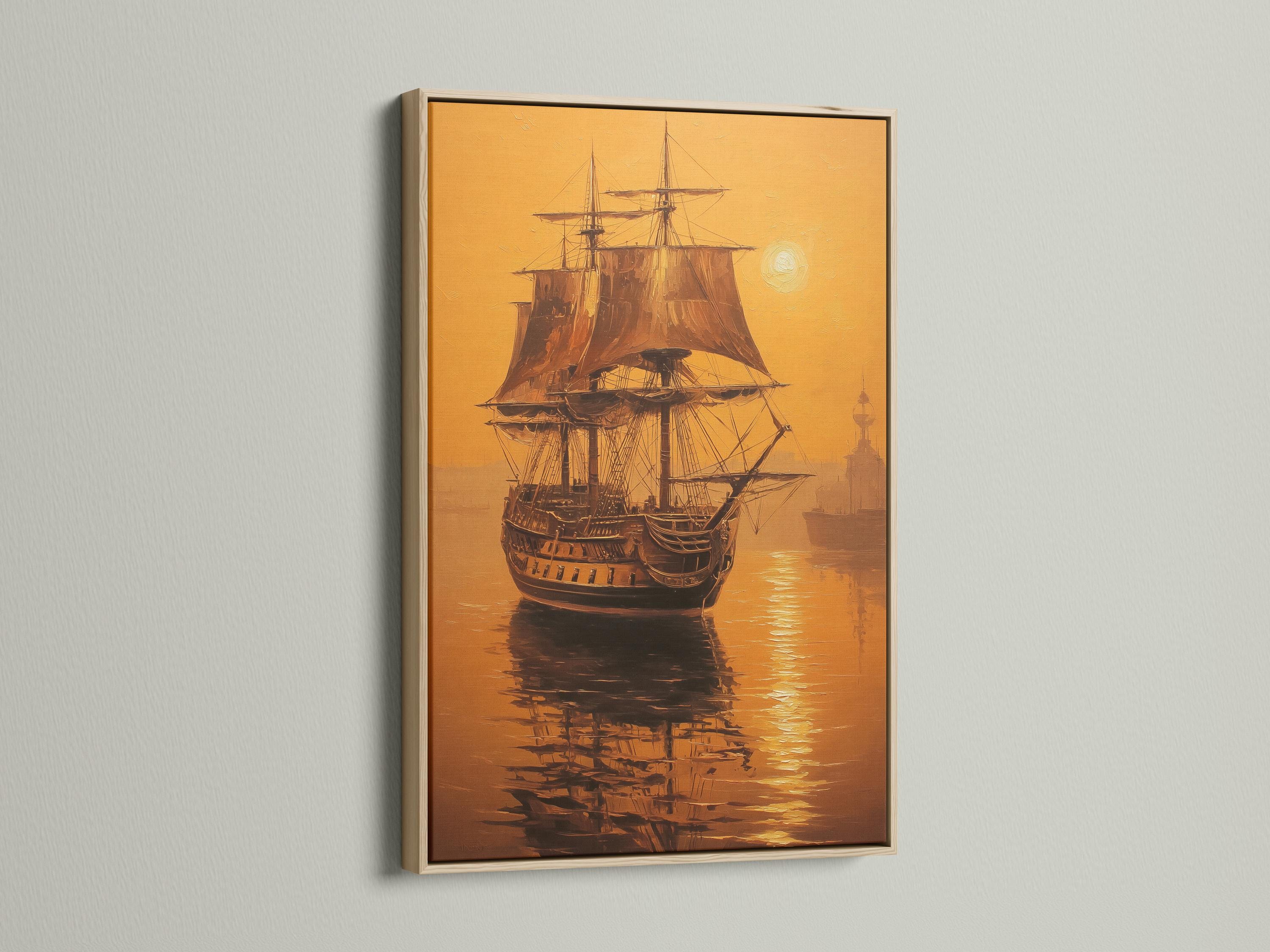 Sailing ship at sea in warm gold and brown tones with a bright pale disc and water reflections detail view