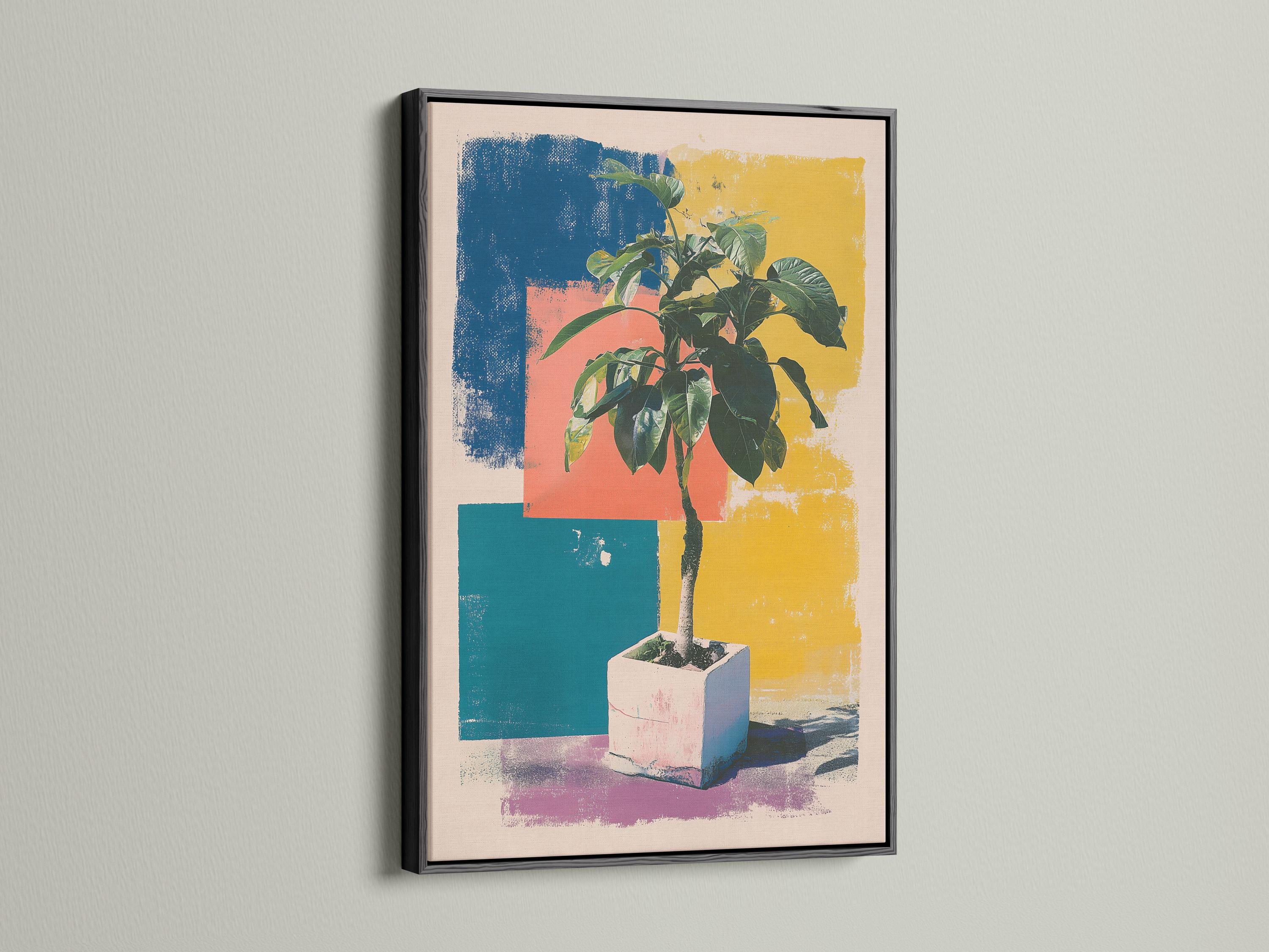 Stylised potted plant with dark green leaves over teal, coral and yellow pop-art blocks detail view