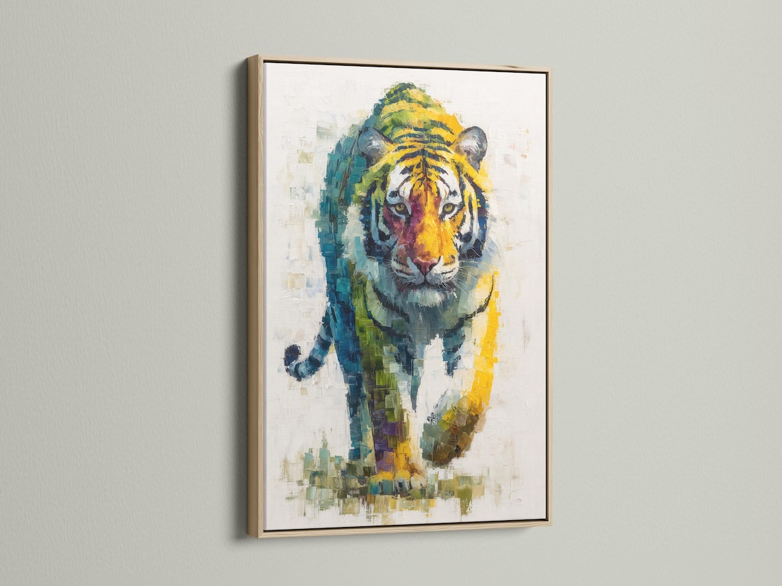 A painterly tiger portrait with layered blue, green and yellow mosaic-like brush strokes detail view