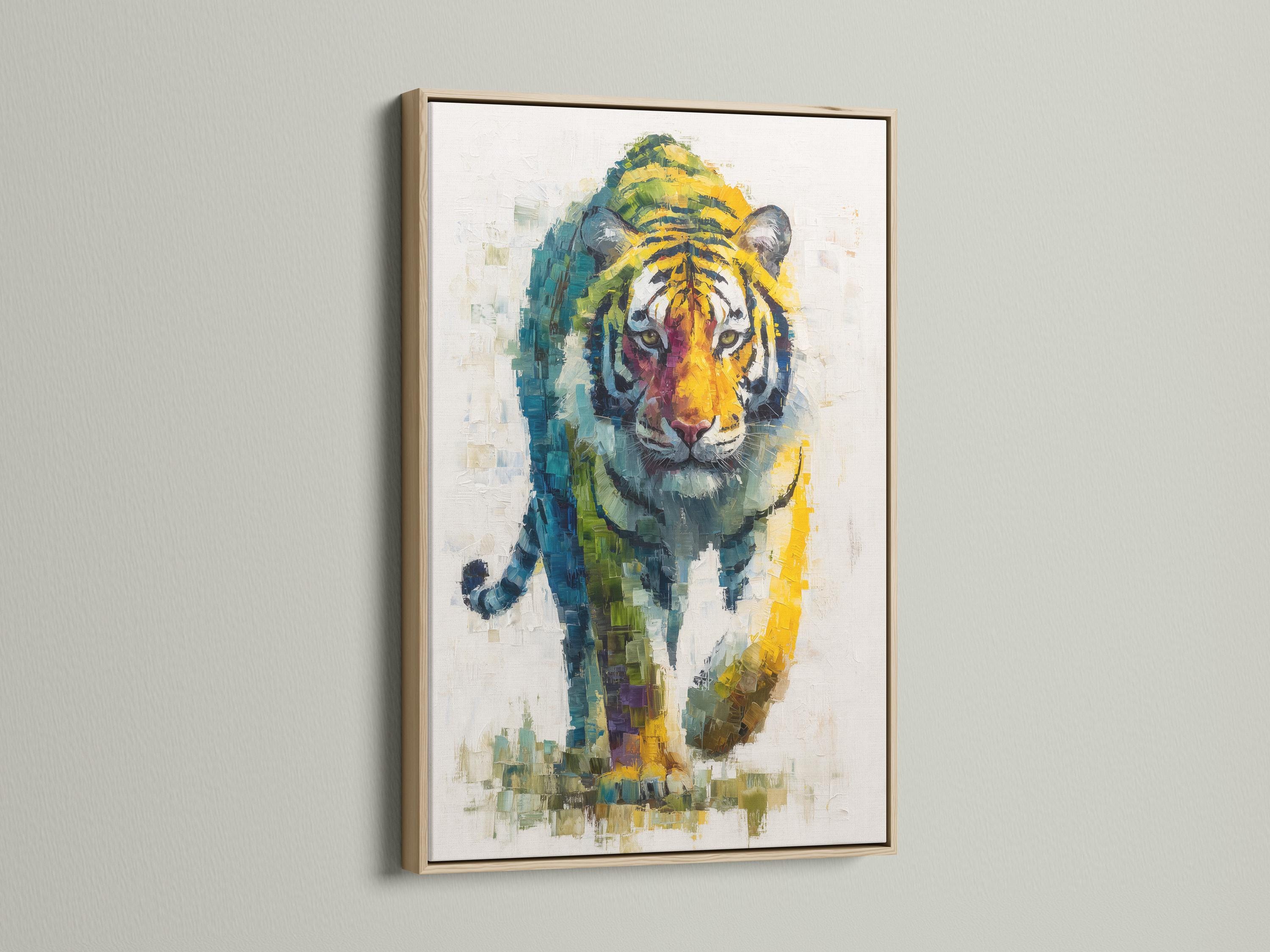 A painterly tiger portrait with layered blue, green and yellow mosaic-like brush strokes detail view