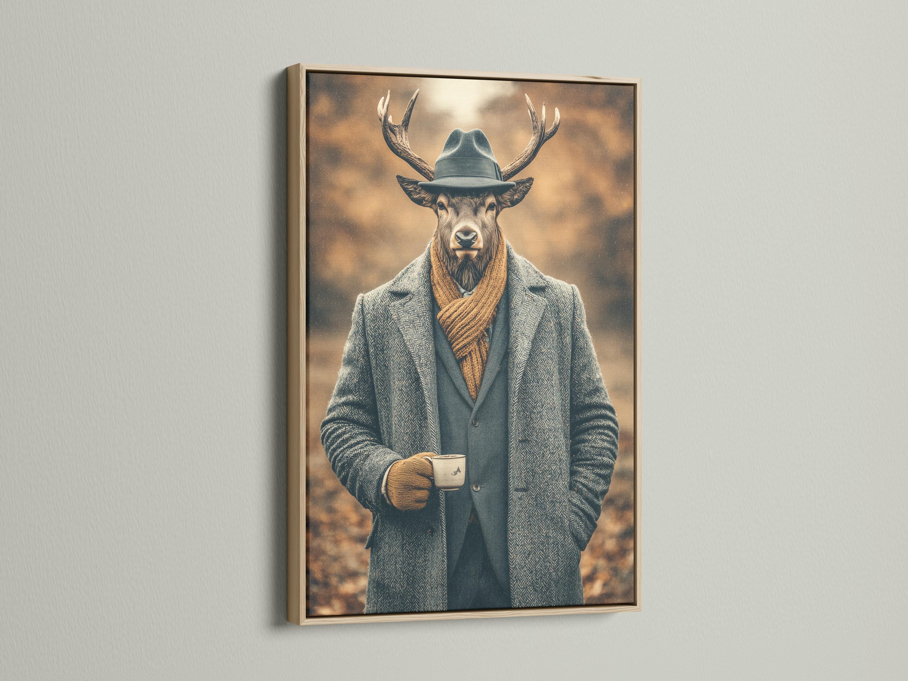 Gentleman deer portrait wearing a hat, suit jacket and scarf against a warm brown haze background detail view