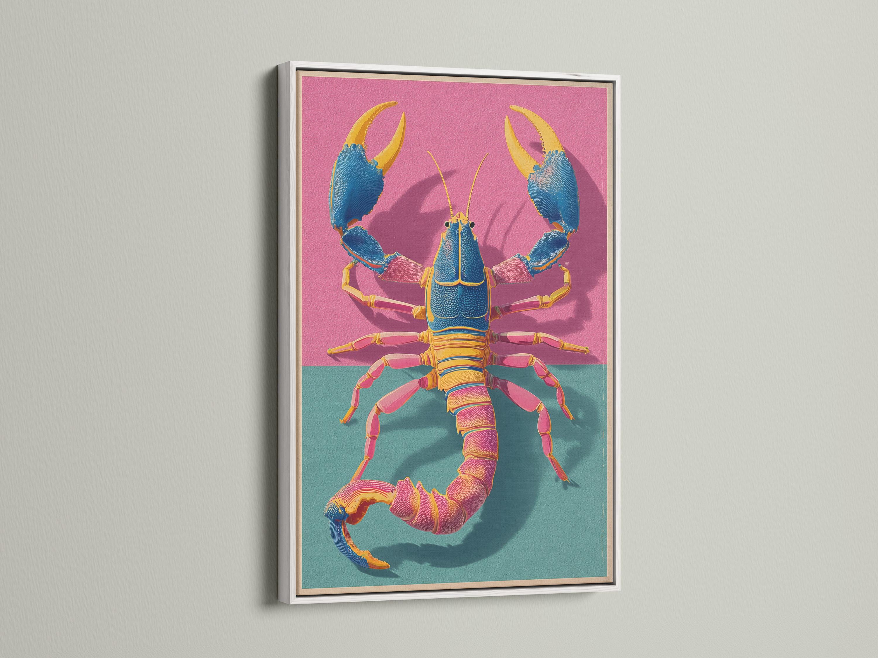 Stylised blue lobster with gold claws on a hot pink and teal sea background detail view