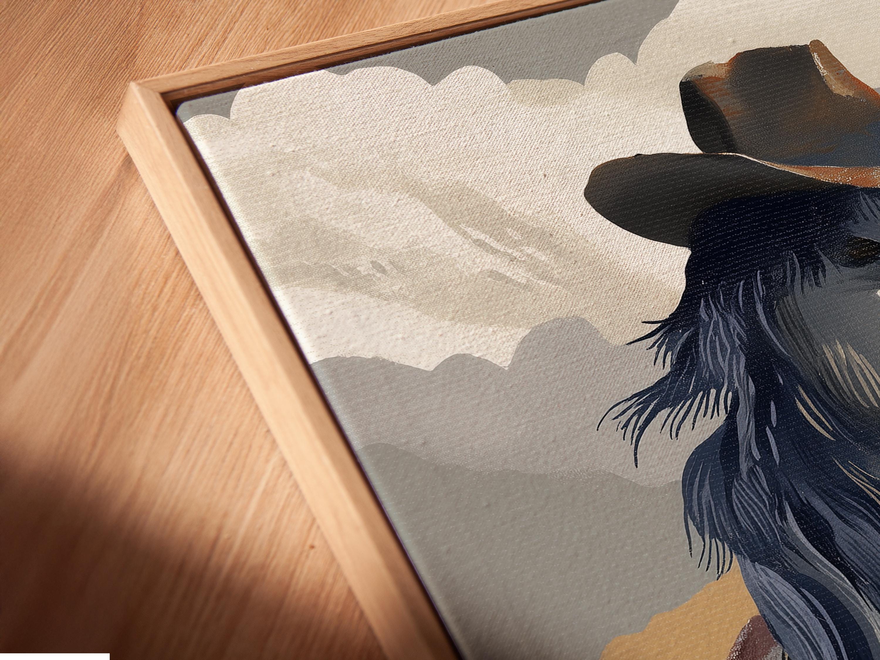 A stylised rearing horse over layered western hills and cloud shapes detail view