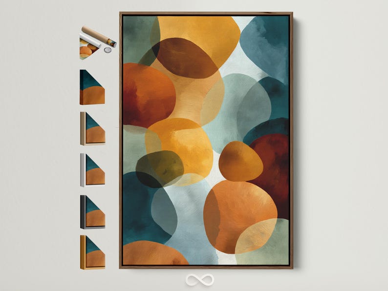 Abstract geometric wall art with overlapping rounded shapes in teal, burnt orange, cream and deep red