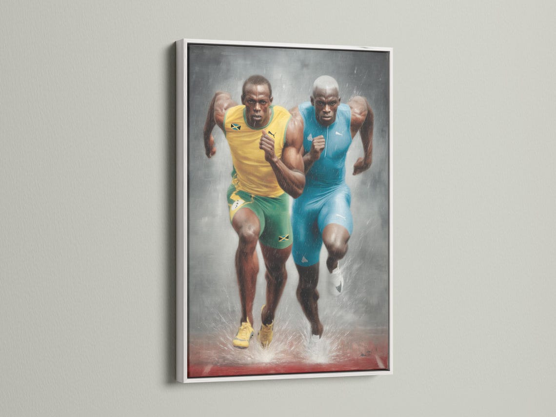 Room mockup showing a framed artwork of two sprinters in blue and yellow running toward the viewer