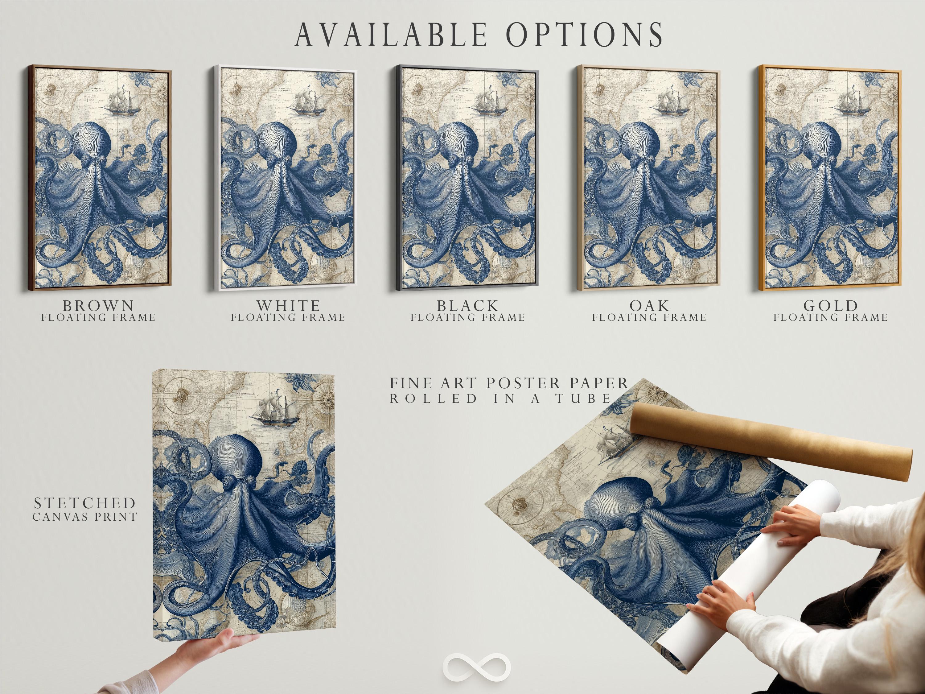 Blue octopus illustration over a vintage map background with a small sailboat detail view