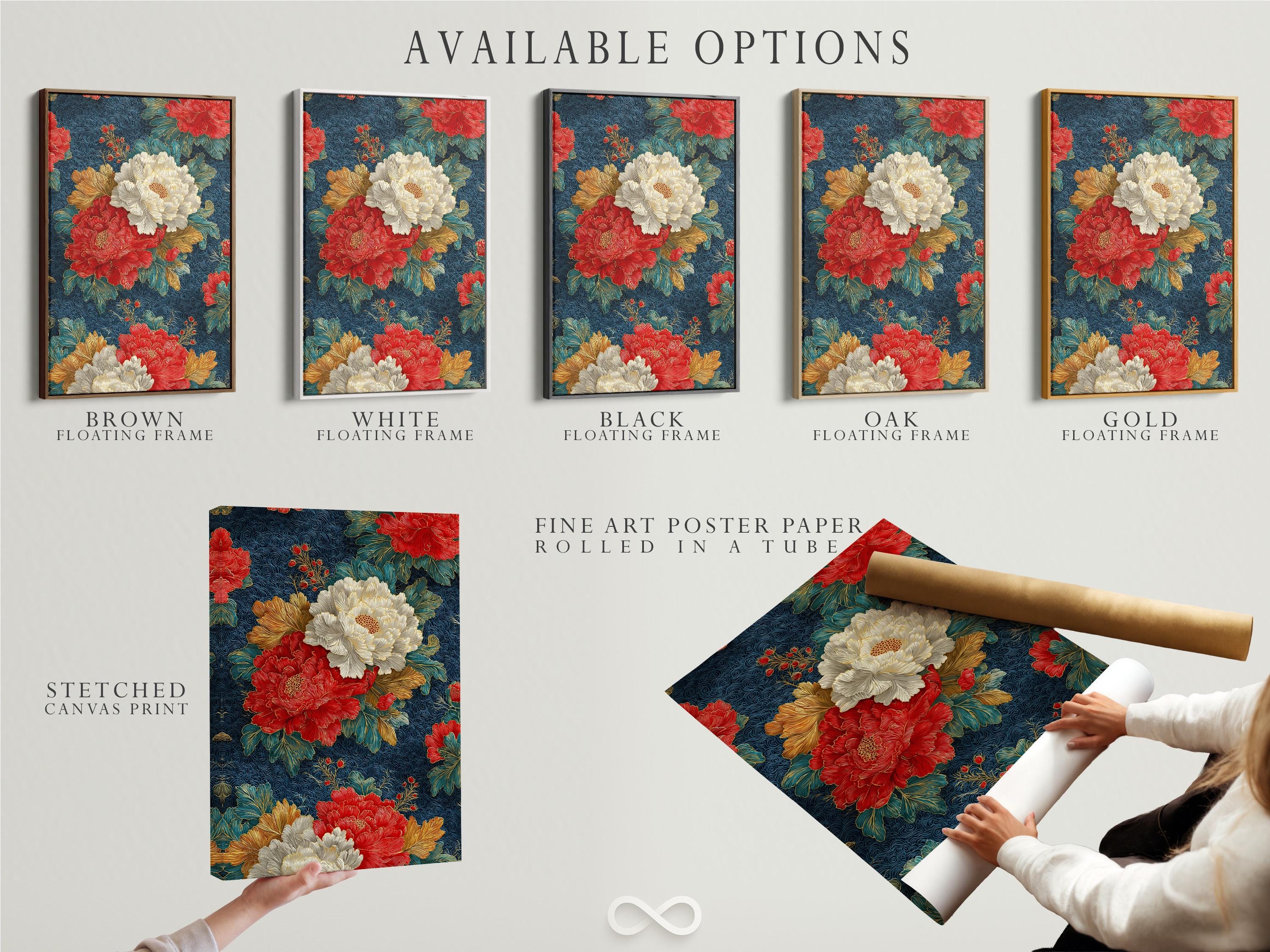 Peony floral artwork displayed in a frame over a light background, with alternate frame options shown