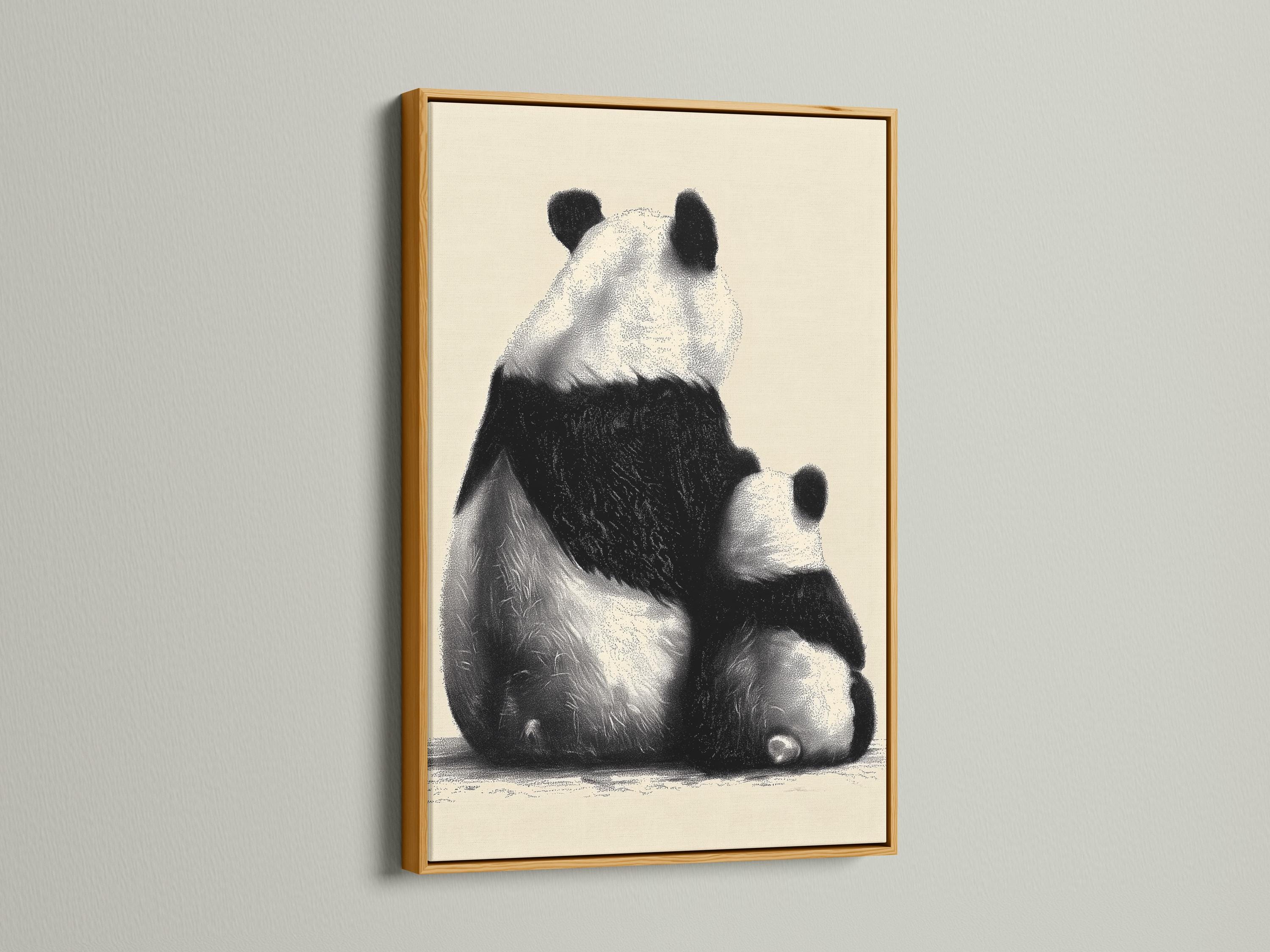 Wall mockup showing a framed panda portrait artwork in black and beige