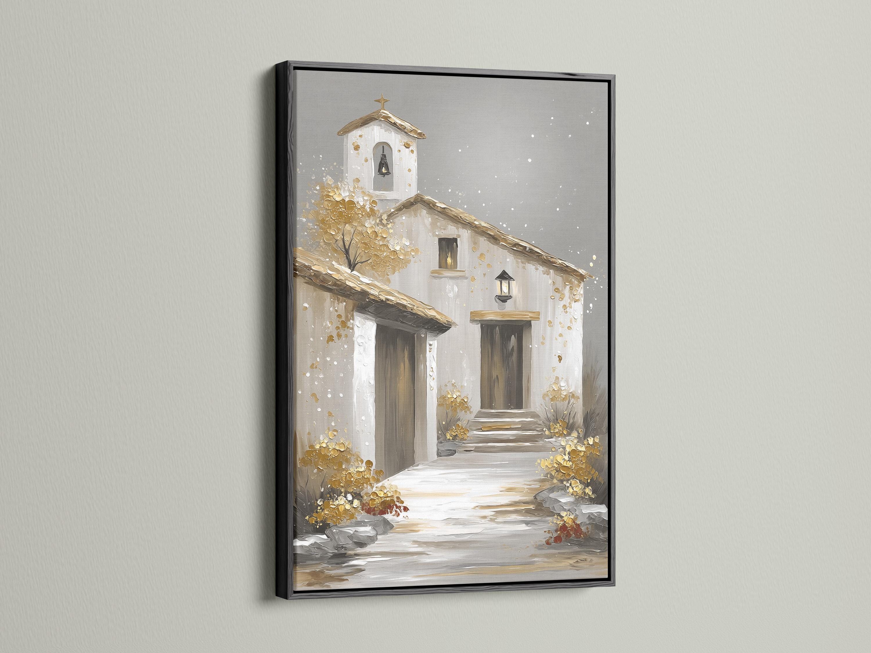 Stylised grey church exterior with a golden star ornament and shimmering gold and white flecks detail view
