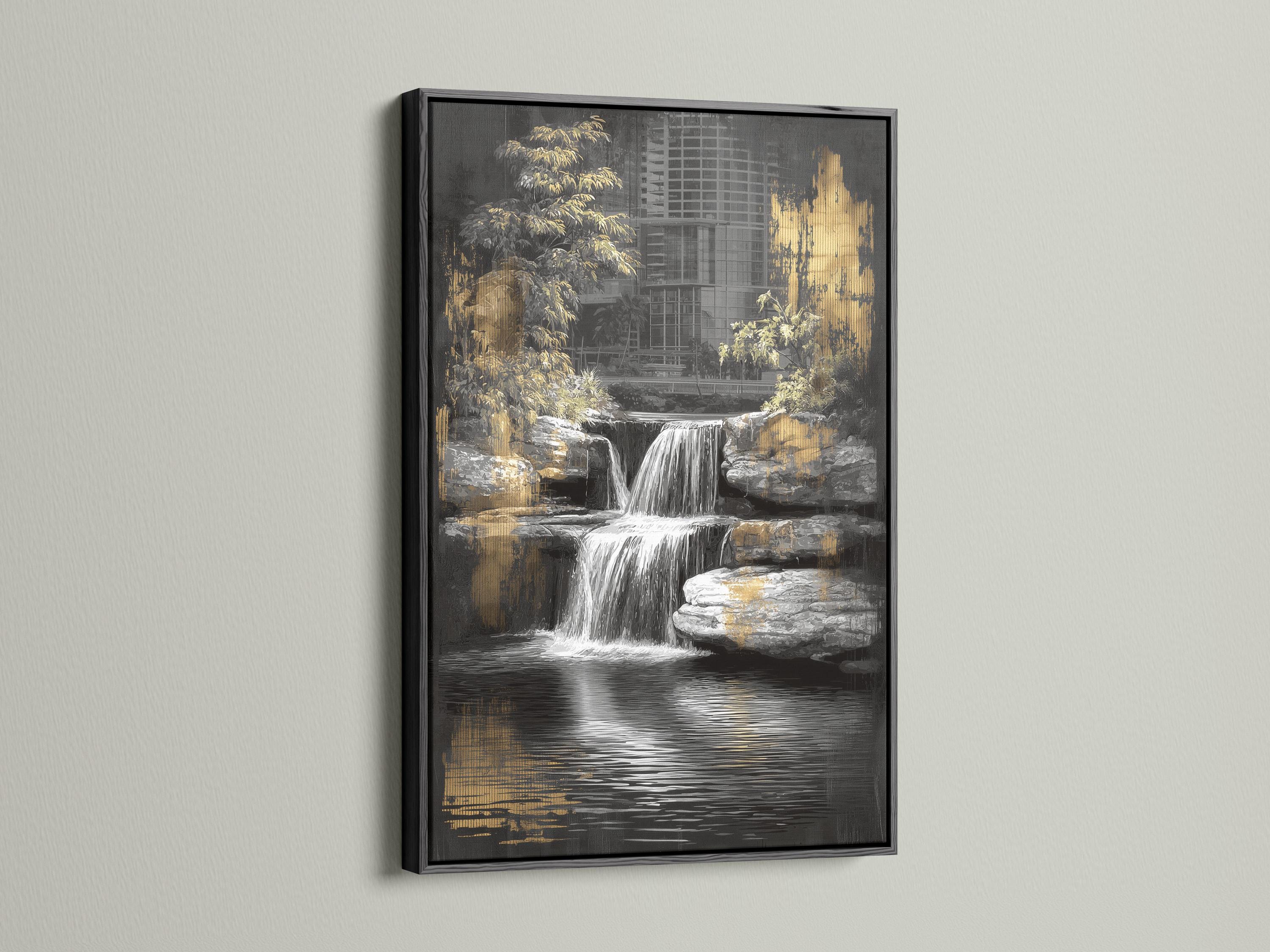 Black and gold waterfall artwork with a cityscape and trees, featuring reflective water below detail view