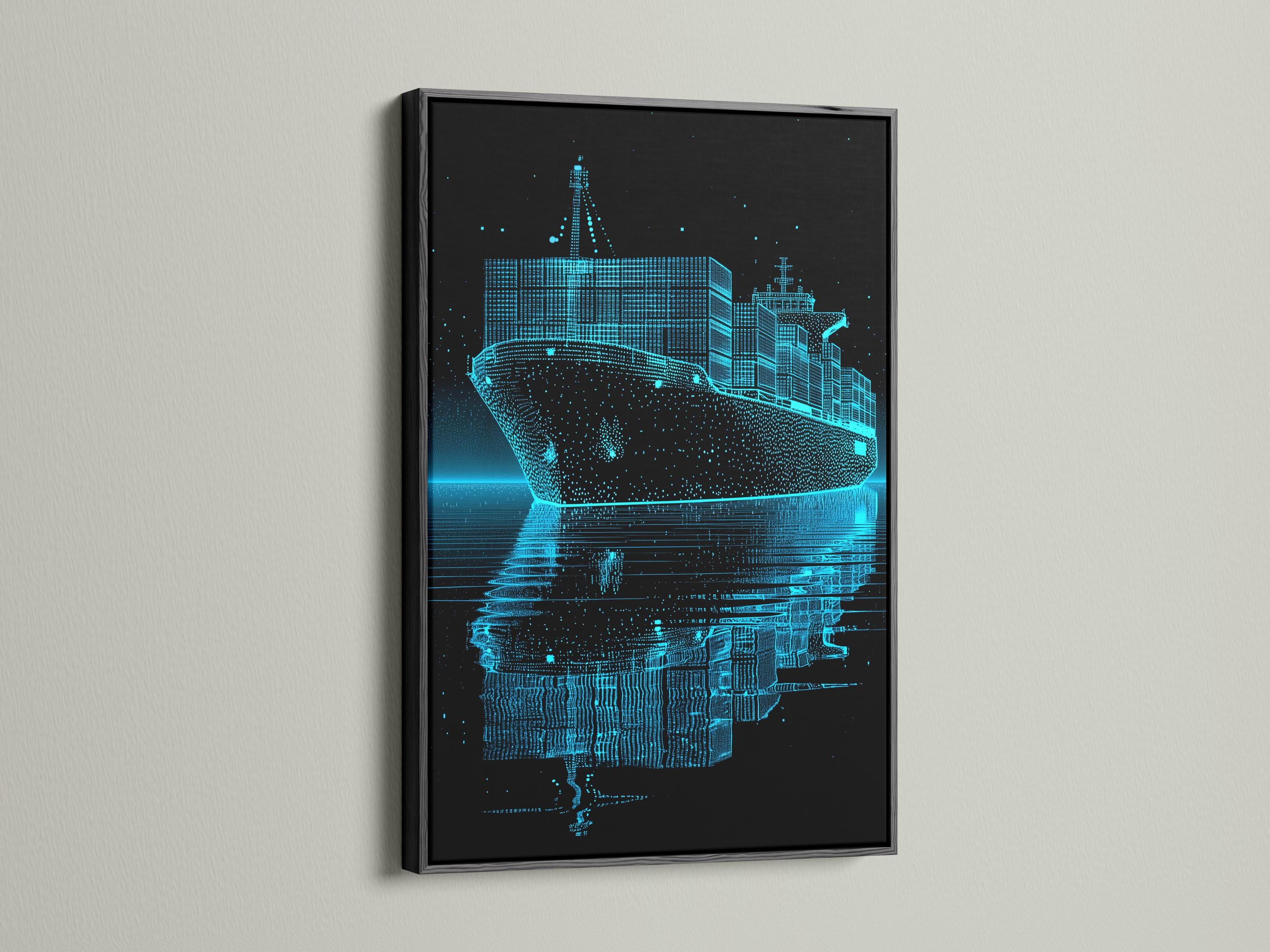 Cyan blueprint cargo ship on a dark background with dotted lines and water reflection detail view