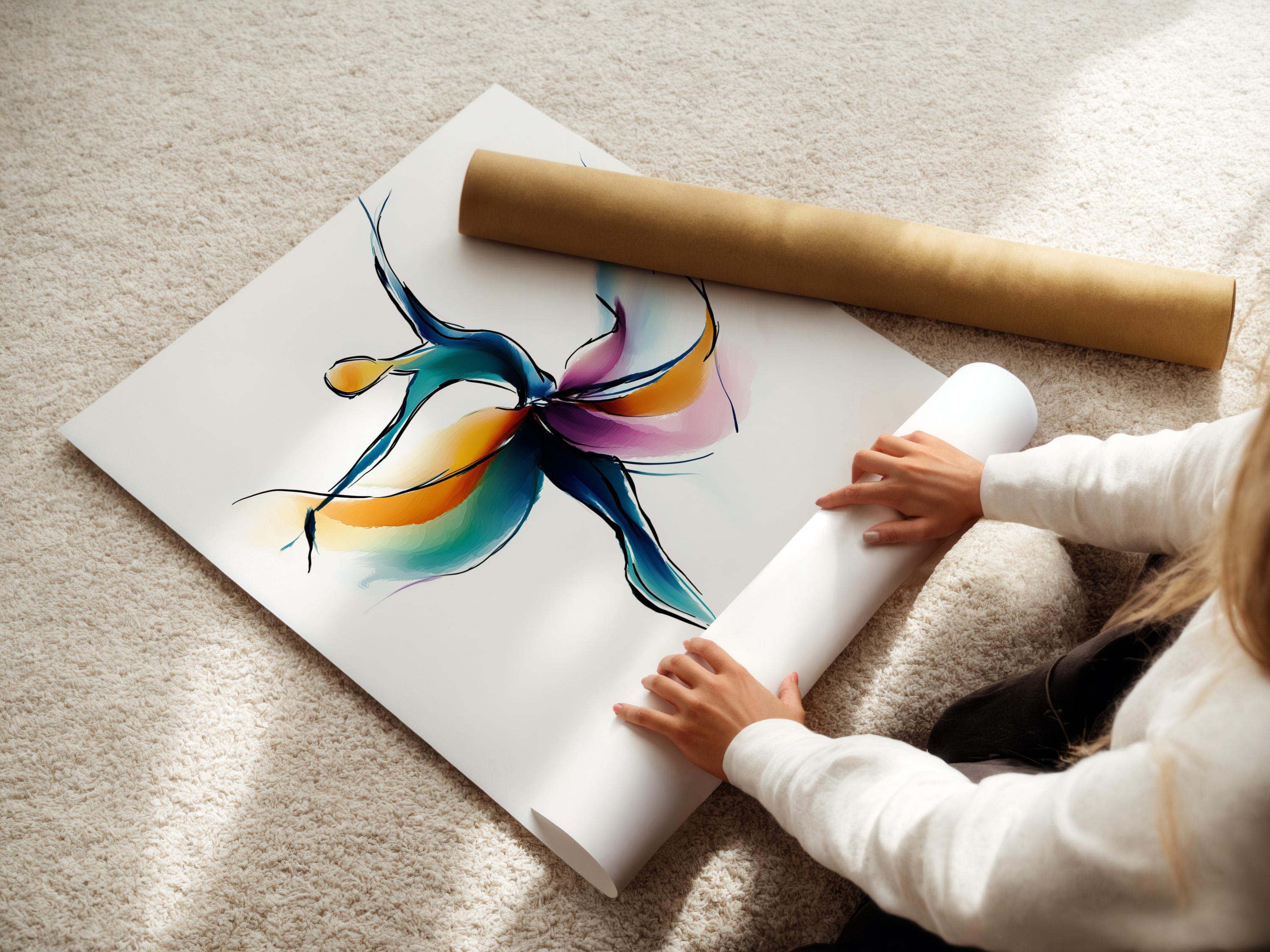 Woman stretching in a dance studio with a framed abstract dancer artwork on the wall