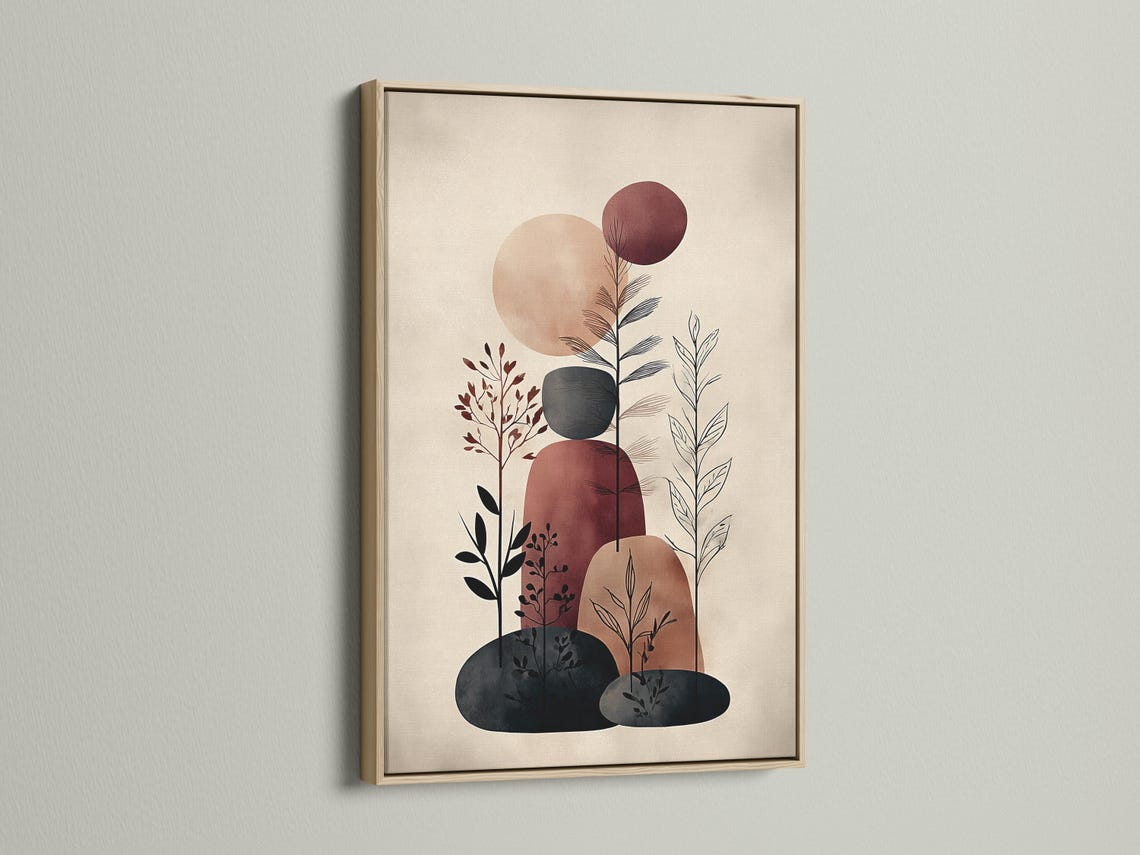 Abstract botanical illustration with beige background, terracotta and burgundy circles, and charcoal plant stems detail view