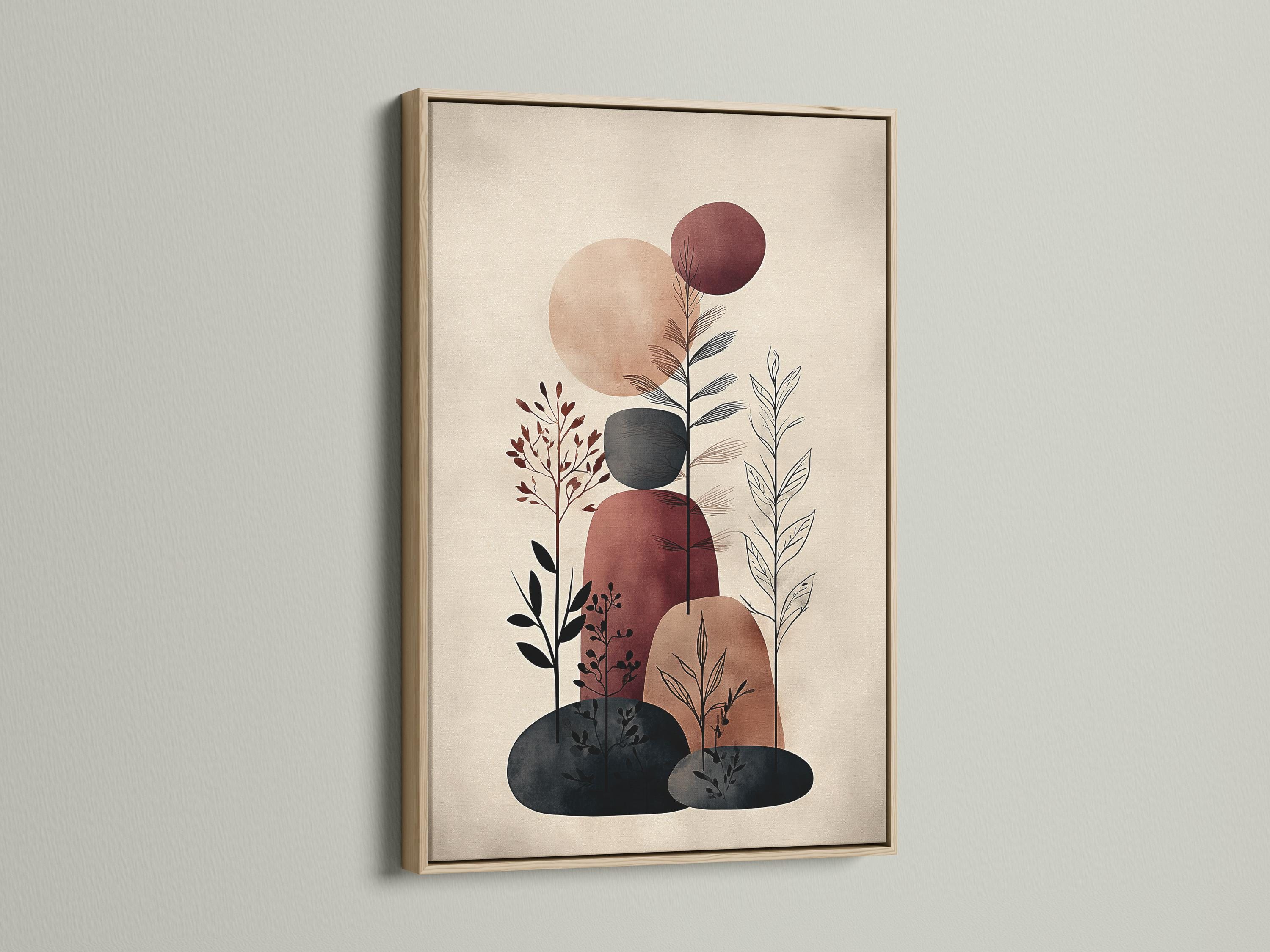 Abstract botanical illustration with beige background, terracotta and burgundy circles, and charcoal plant stems detail view