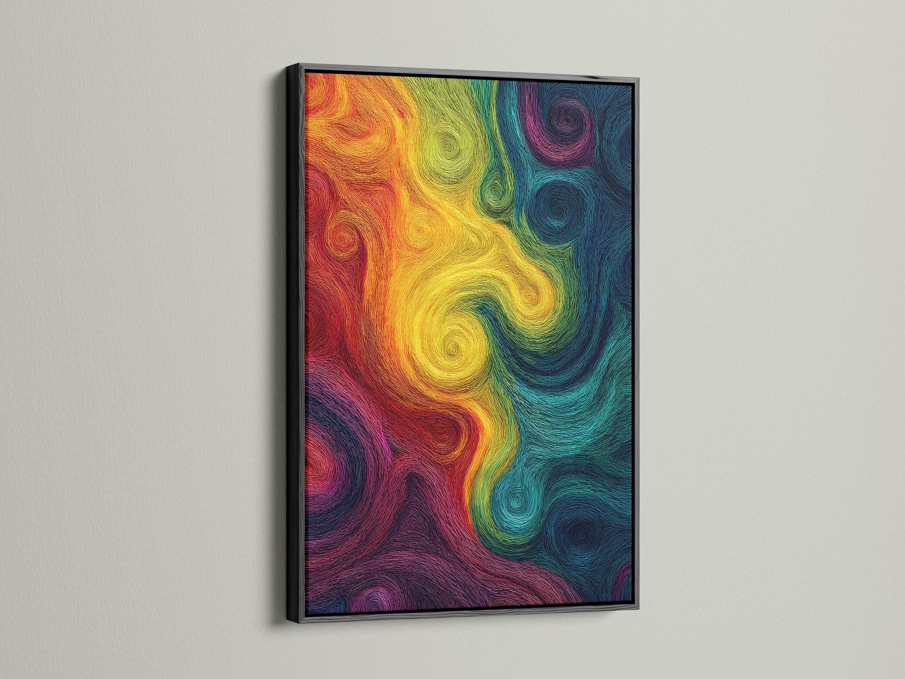 Rainbow abstract artwork with concentric swirling line patterns and a psychedelic spiral design detail view