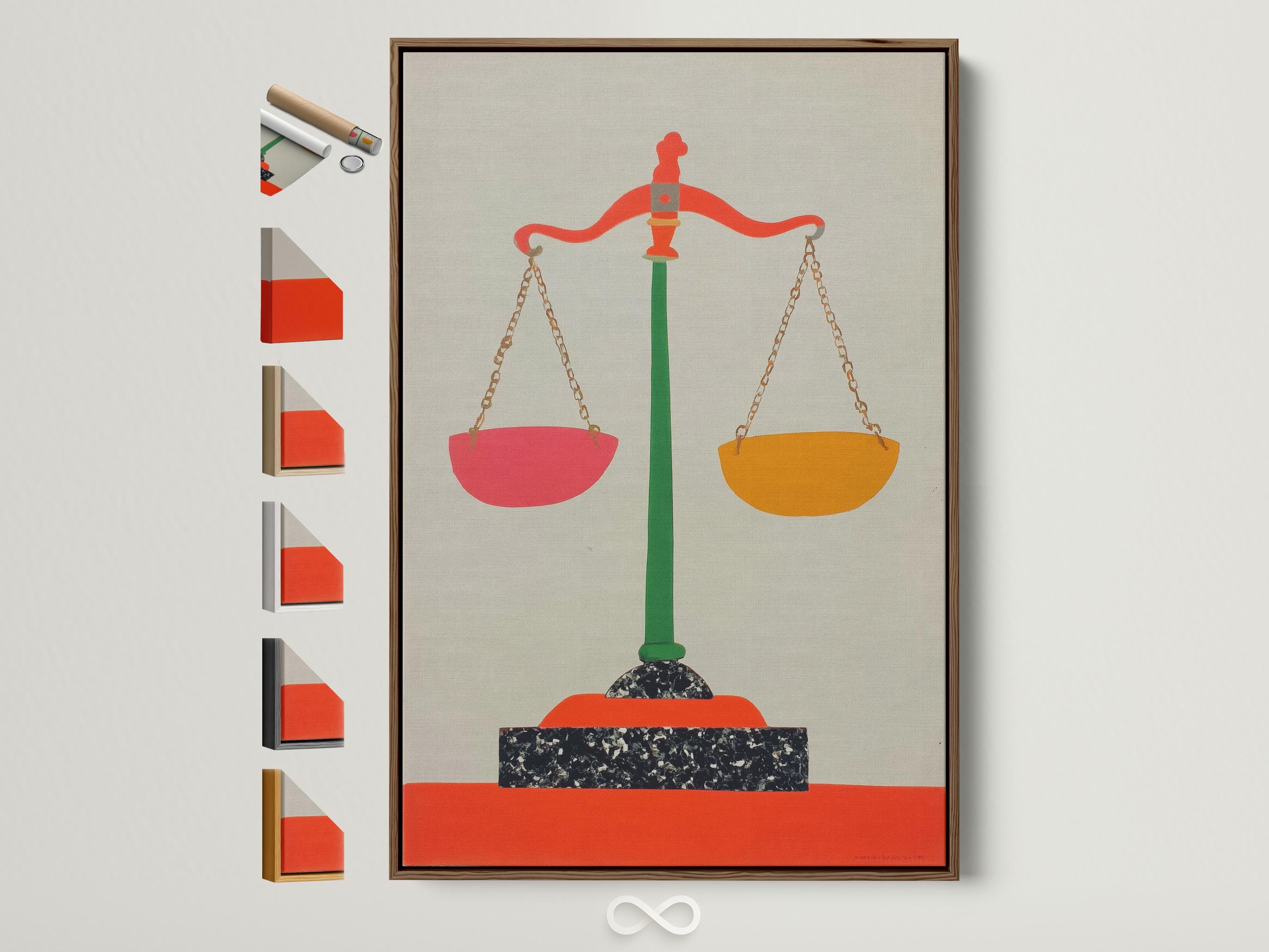 A stylised balance scale icon with a green stand and red and orange pans sits centrally on a pale background, framed by a thin border detail view