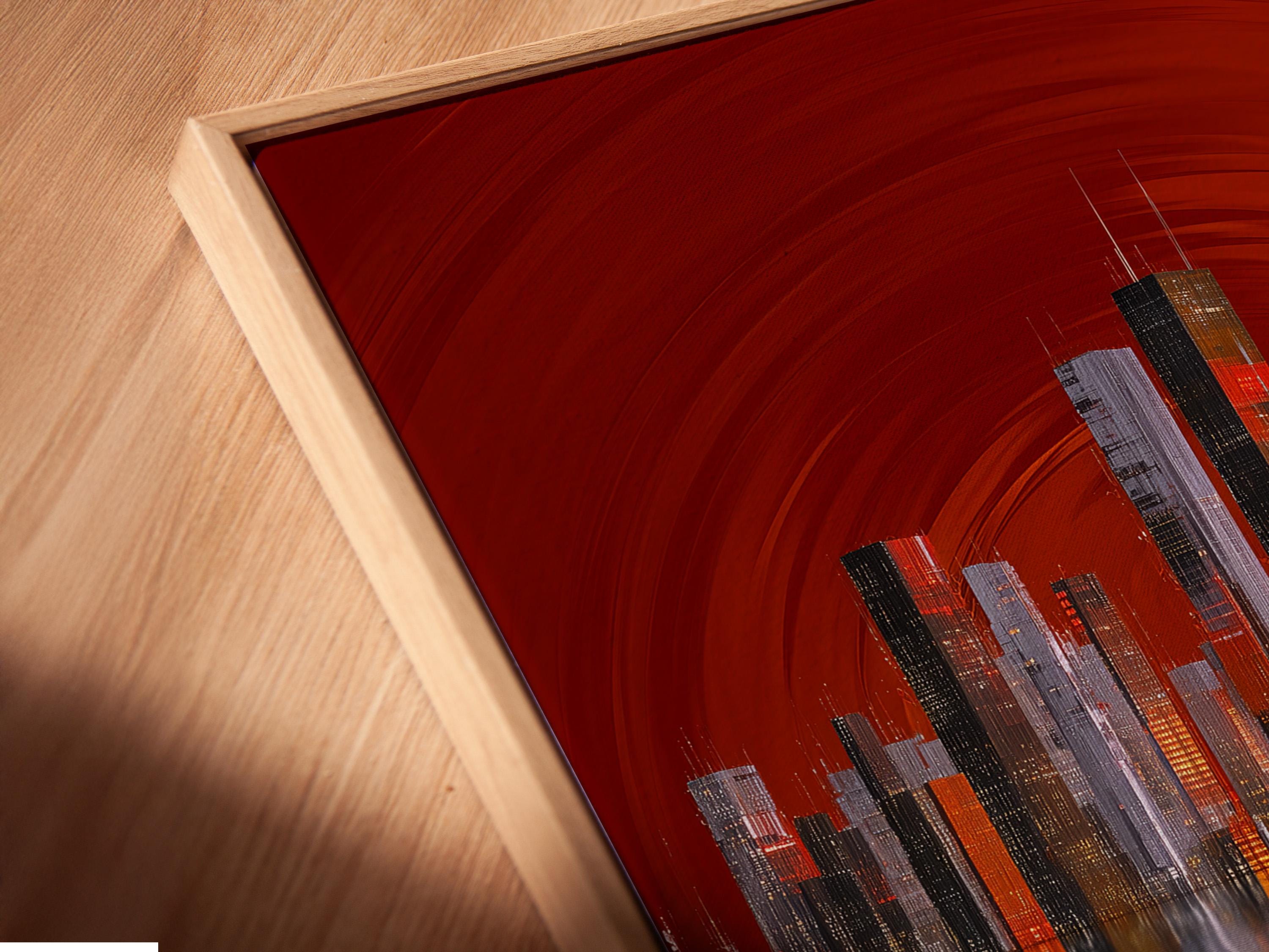 A red city skyline rises from a reflective body of water, framed by arcing light lines, with illuminated building windows and layered silhouettes