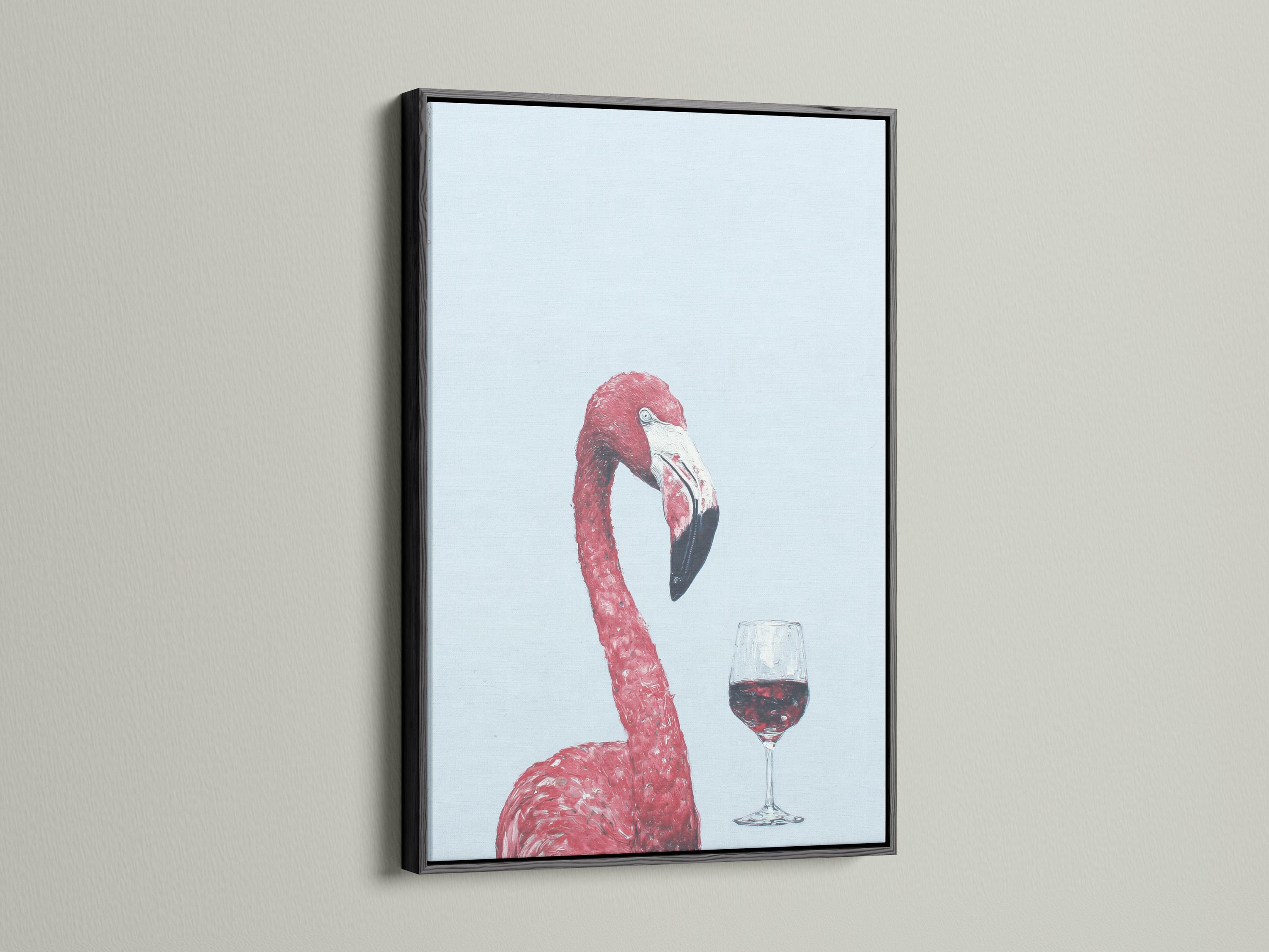 A pink flamingo is painted against a pale blue background, balancing a glass of red wine, with painterly speckled texture and soft contrast detail