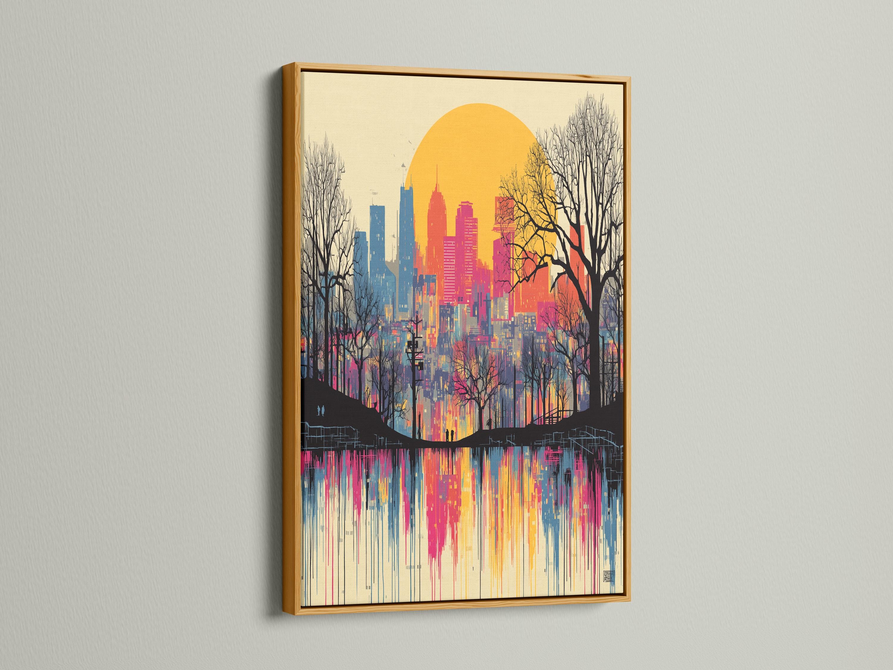 Sunset city skyline artwork in pink and blue with leafless trees and reflective water detail view