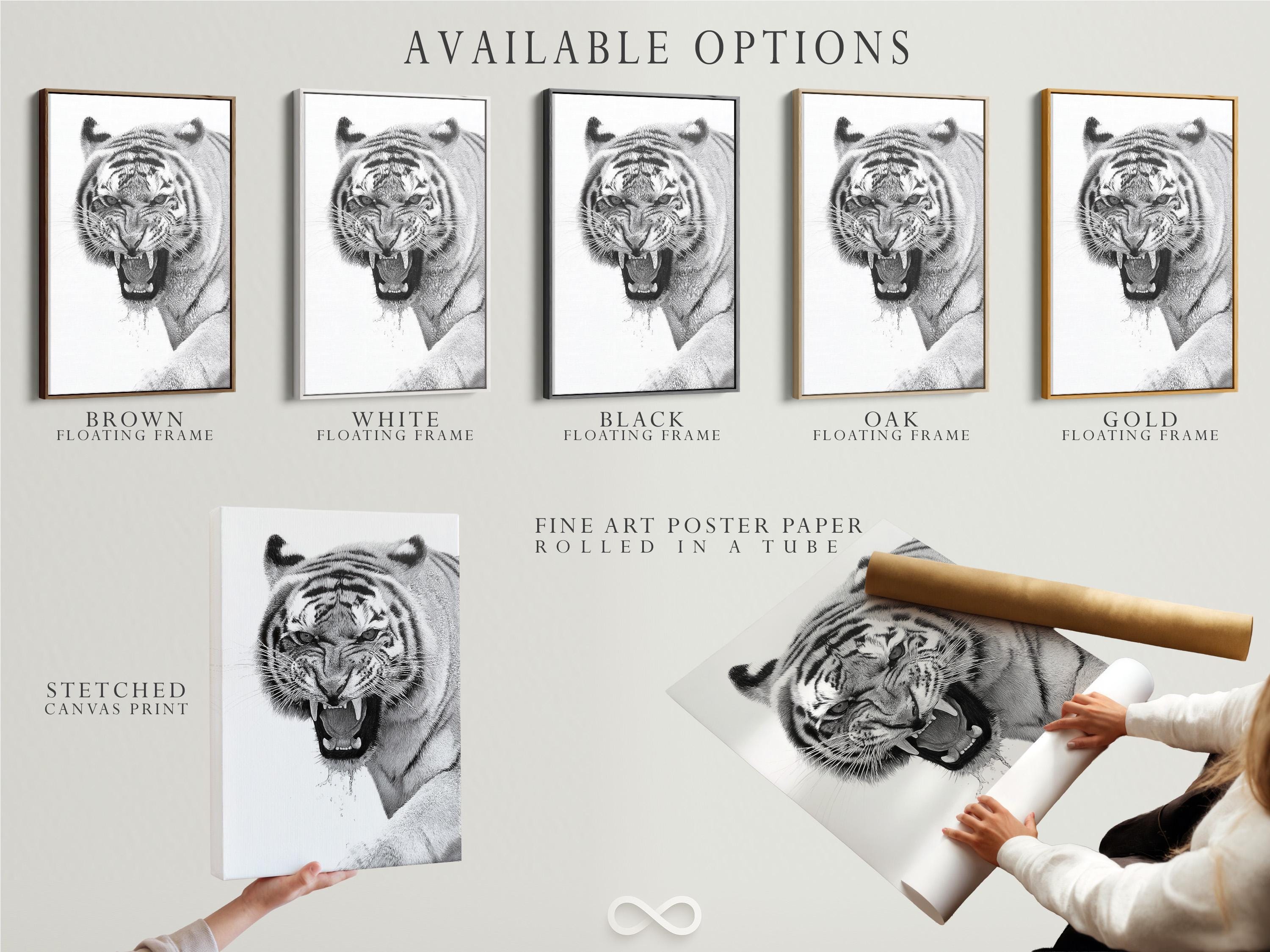 Framed monochrome tiger portrait mockup on a light background with additional display props