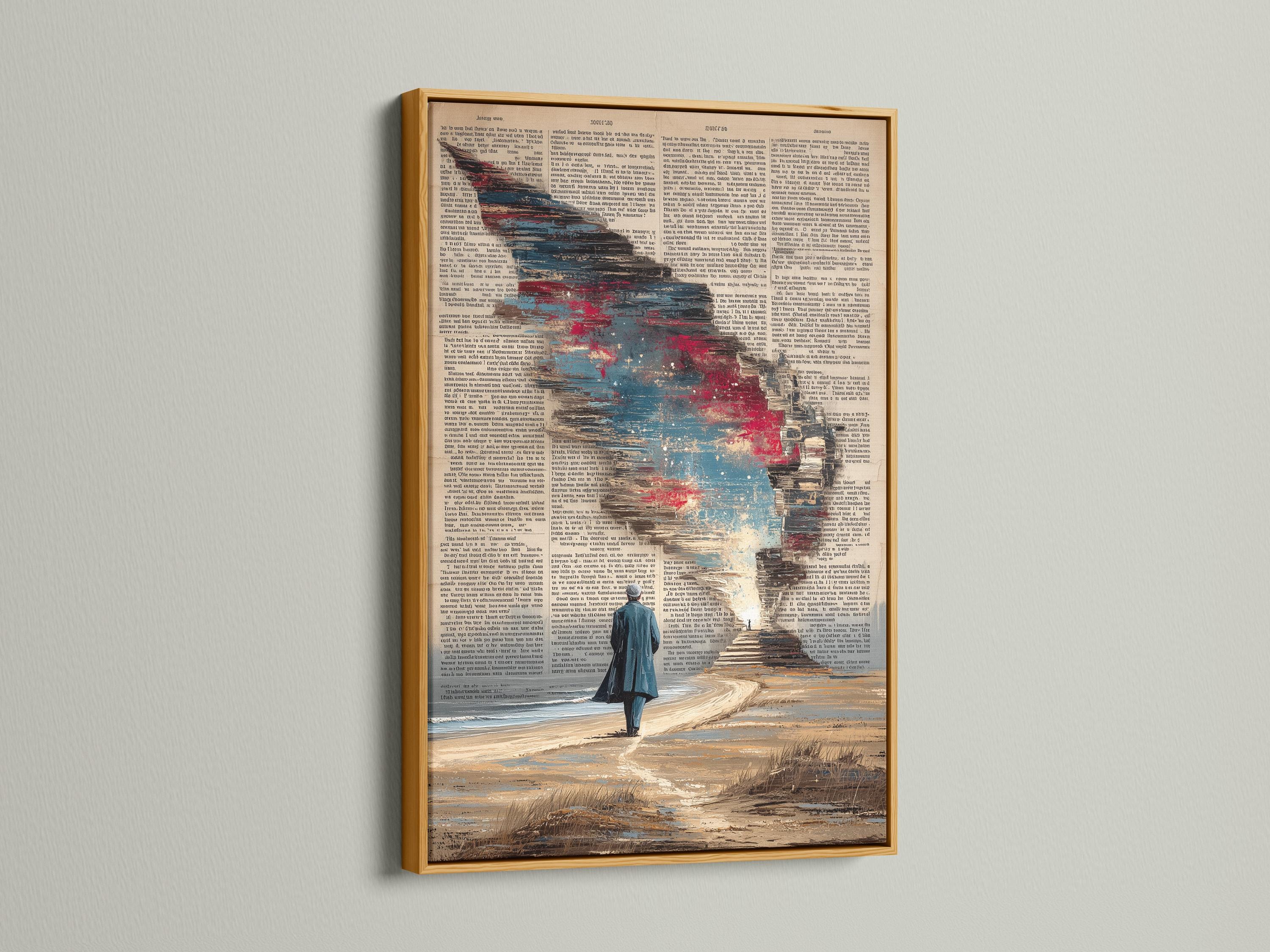 Dictionary-style beach wall art featuring a man walking toward light