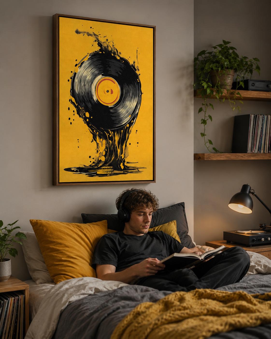 A man wearing headphones beside a music setup with a vinyl record artwork on a wall