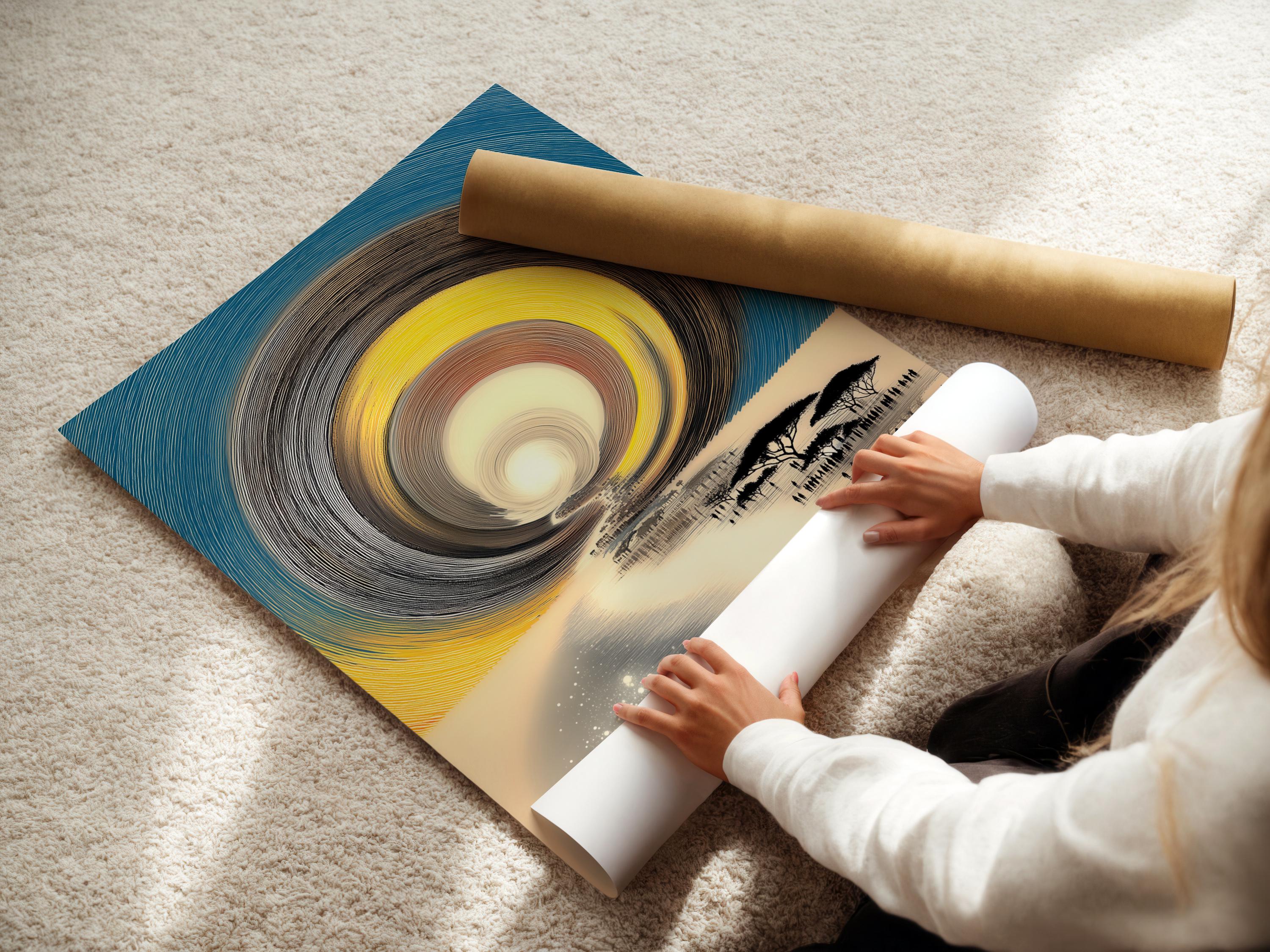Stylised teal and yellow landscape with concentric swirl lines, reflective water and silhouetted acacia trees detail view