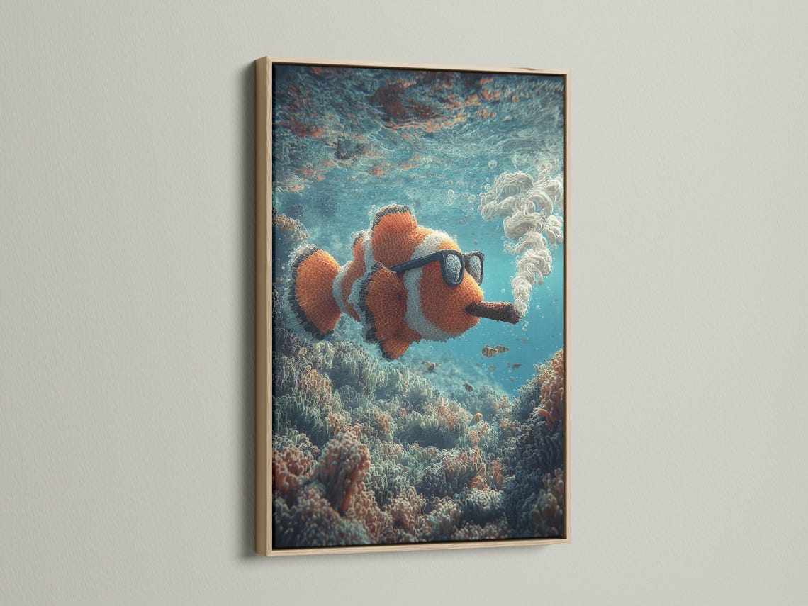 Underwater illustration of a clownfish wearing dark glasses and holding a cigar among coral and bubbles detail view