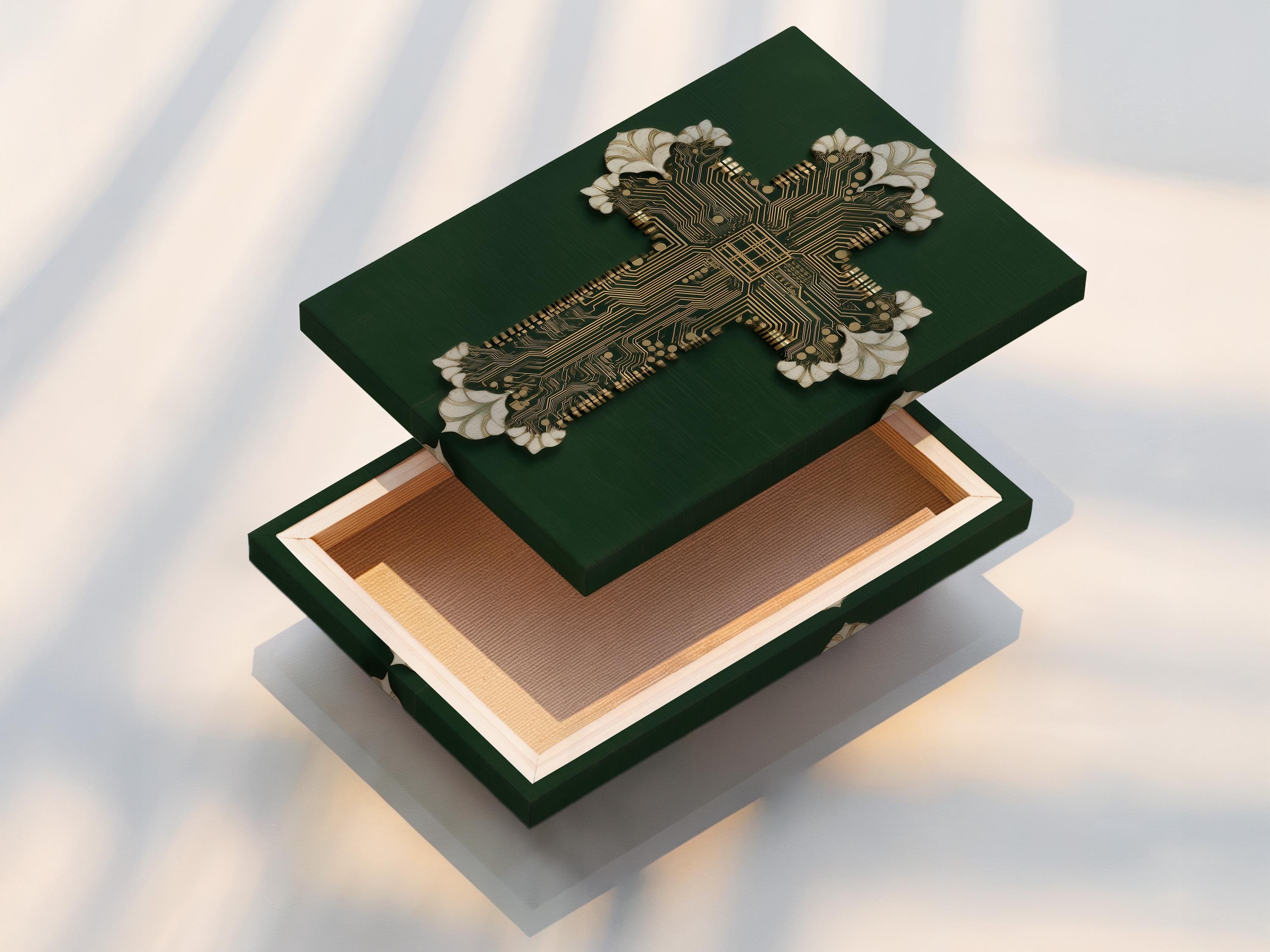Gold circuit-board cross motif on a deep green background with white petal-like accents detail view
