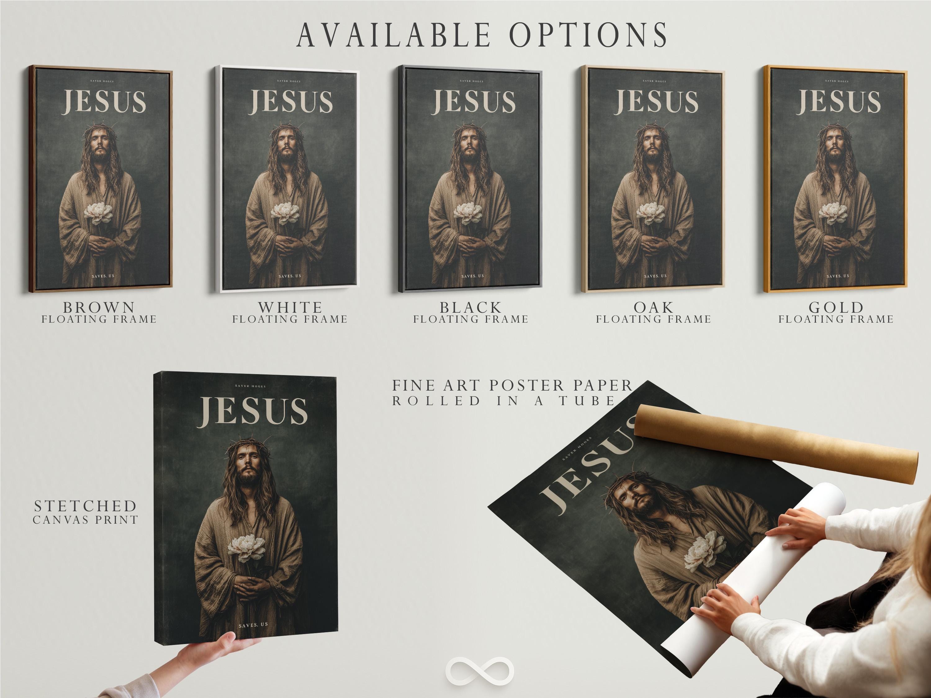 Jesus portrait with crown of thorns holding white flowers and gold text detail view