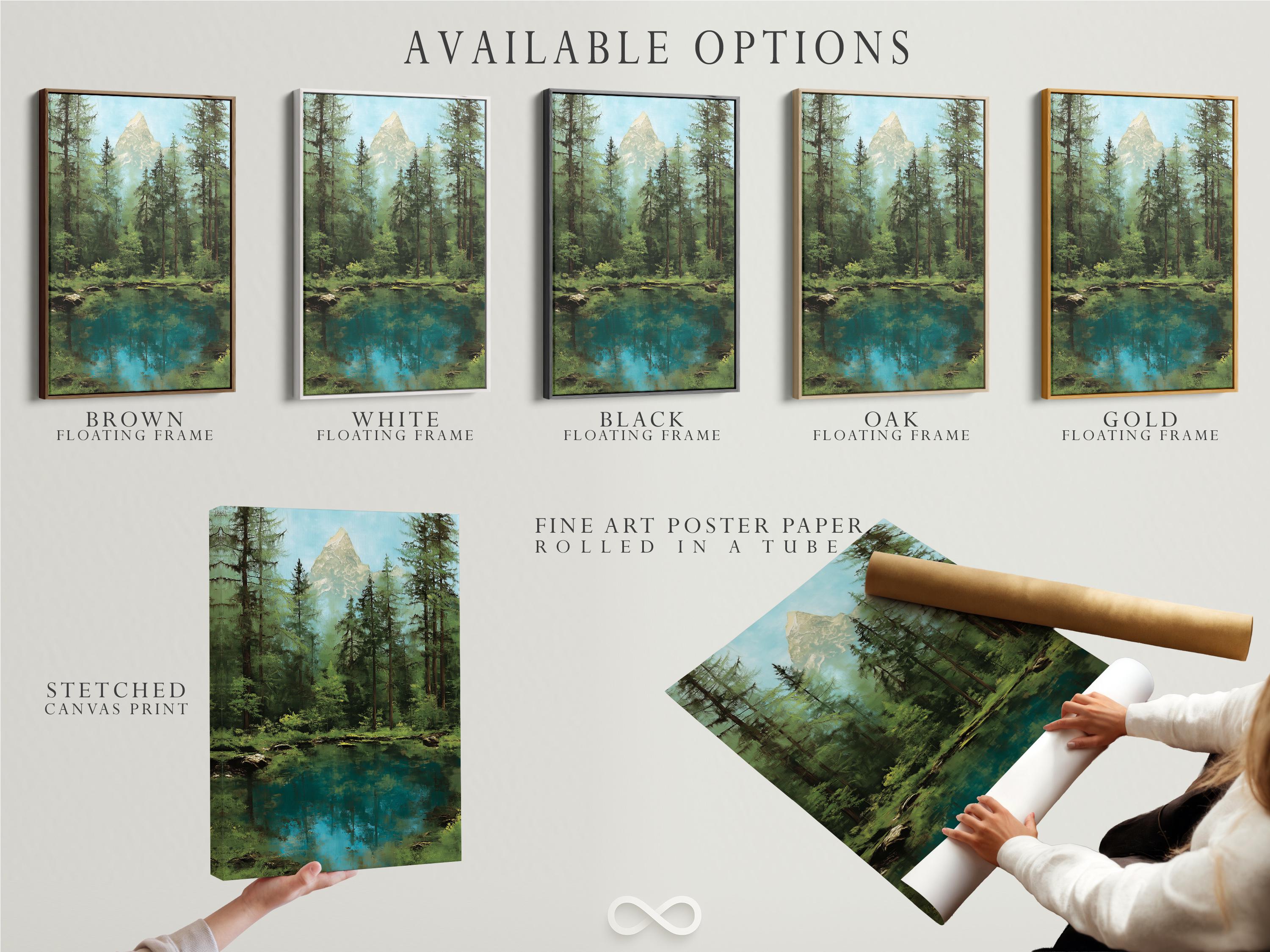 Forest mountain lake artwork shown in a room mockup with framed image
