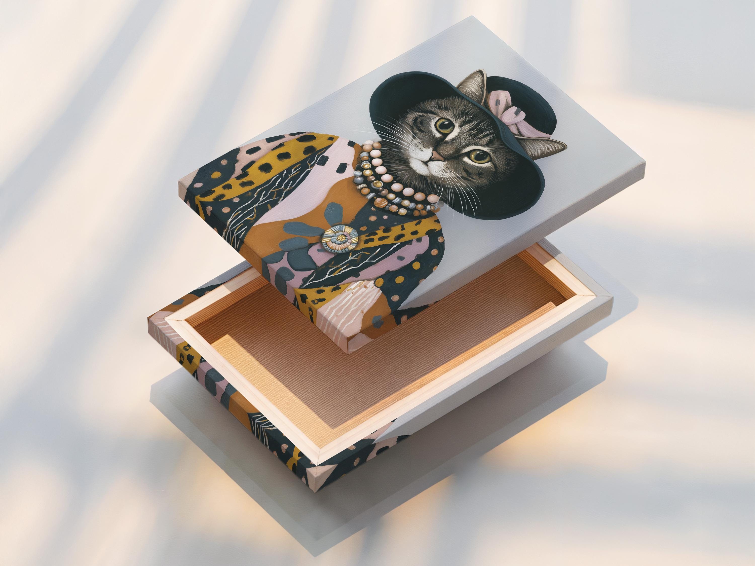 Stylised cat portrait with a dark hat, patterned coat, beaded collar and ornate brooch detail view