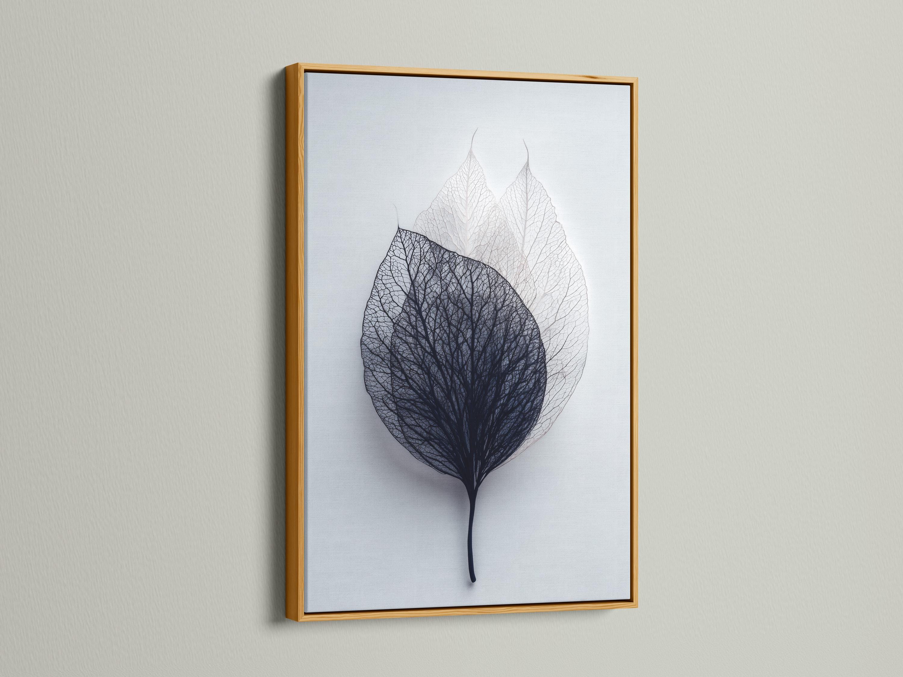 Skeletonised leaf illustration with fine vein linework in charcoal and grey on a pale blue-grey background detail view