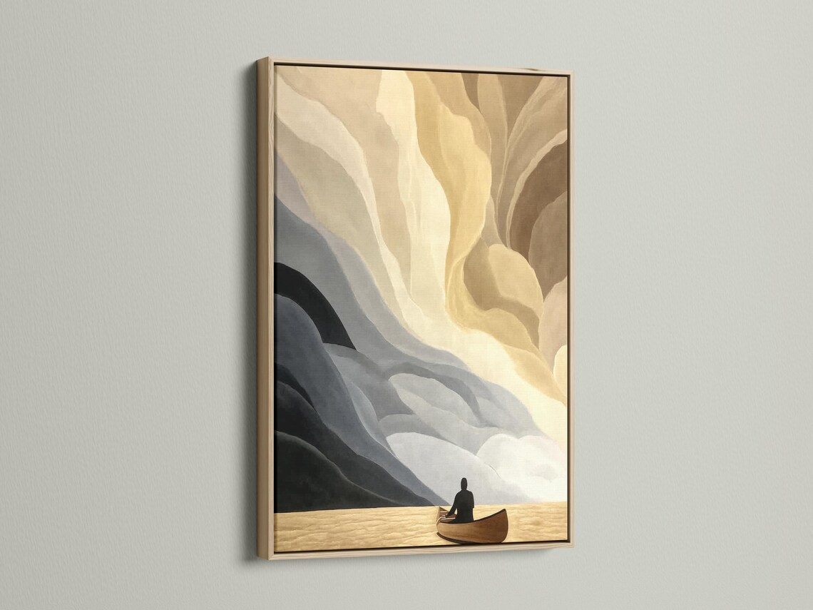 Minimalist beige abstract seascape with layered waves and a small boat silhouette detail view