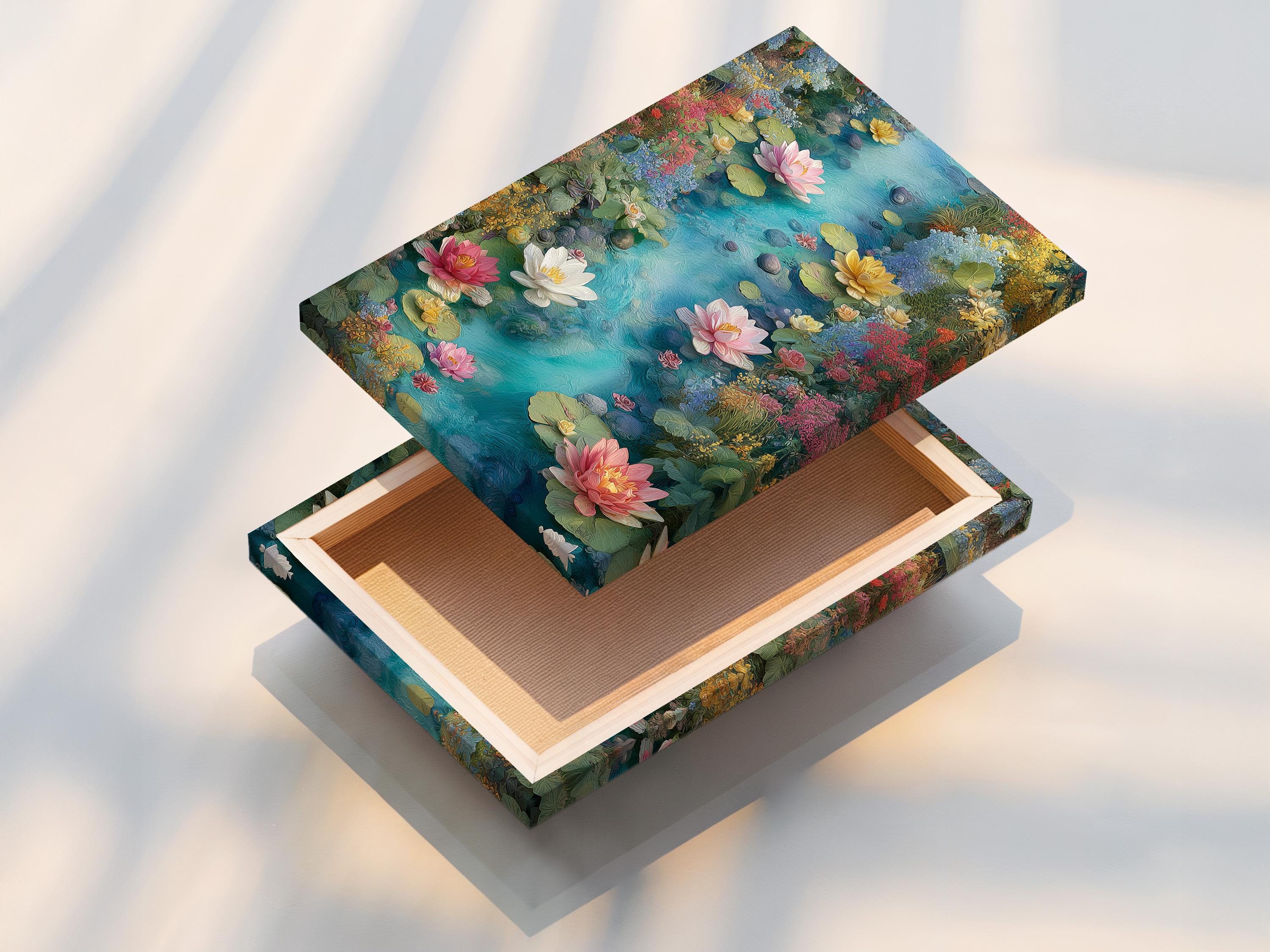 Lotus pond floral wall artwork mockup with teal water and pink blooms