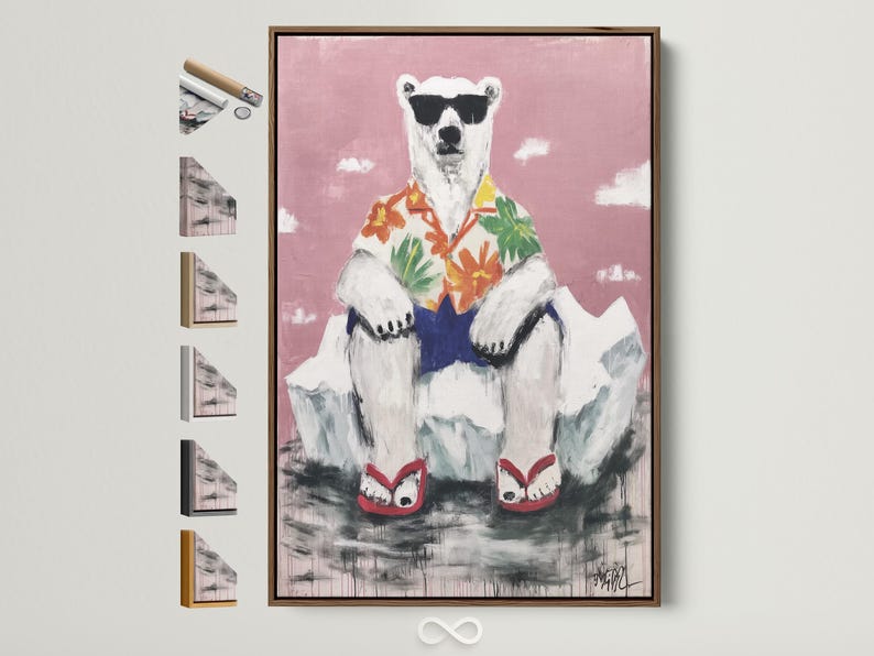 Stylised polar bear with a tropical shirt, standing against a blush pink background