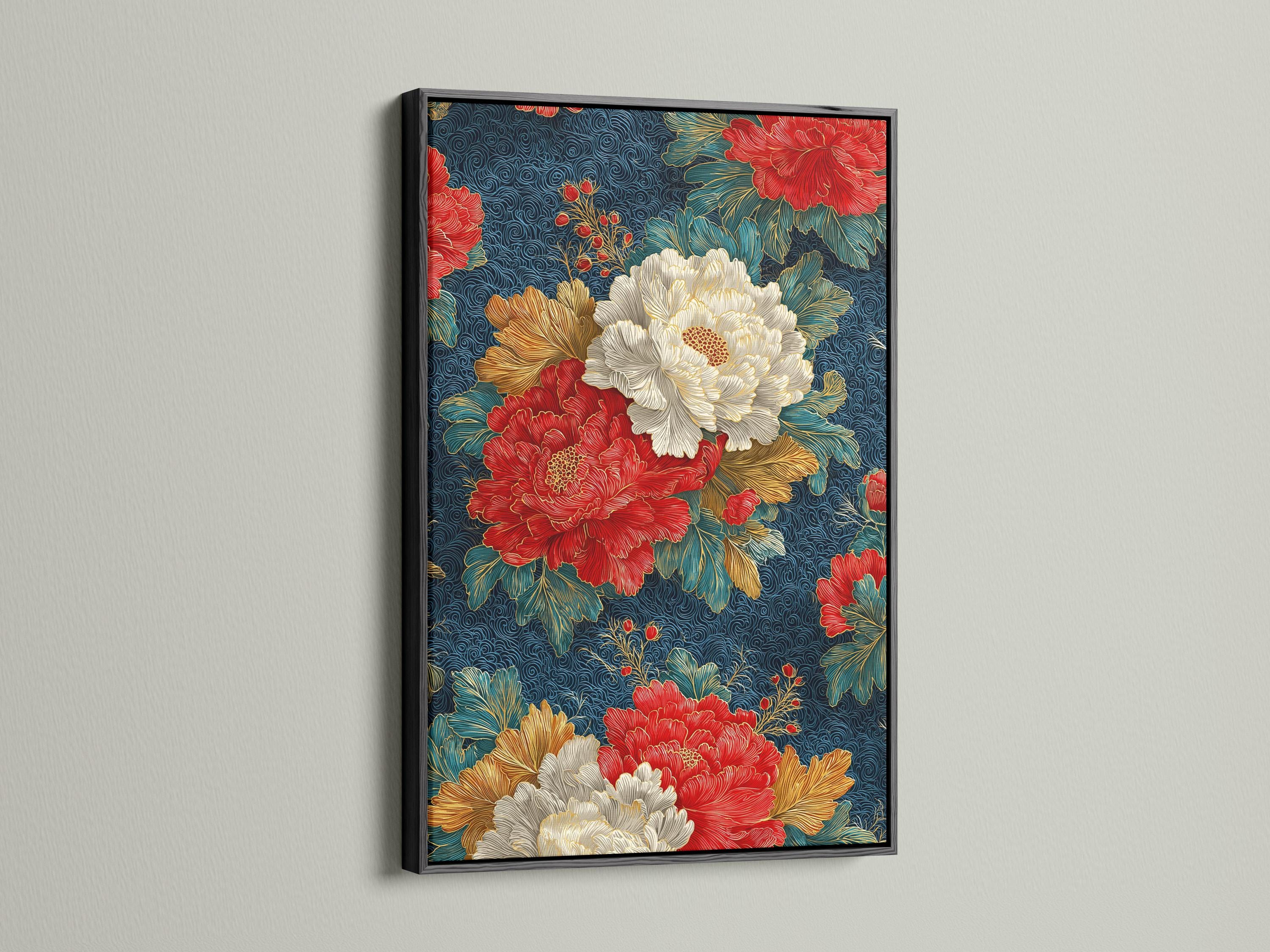 Peony floral artwork displayed in a frame over a light background, with alternate frame options shown
