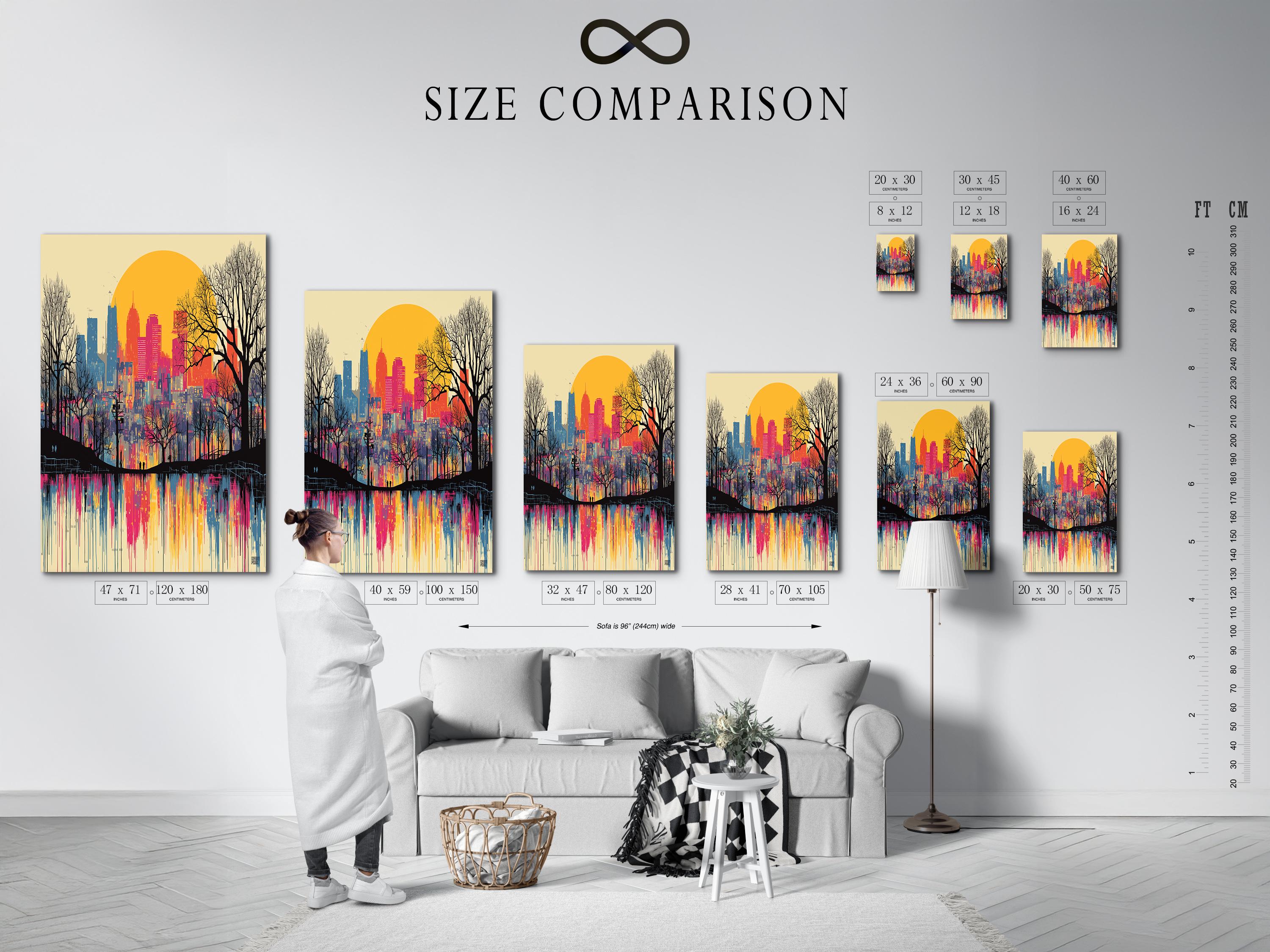 Sunset city skyline artwork in pink and blue with leafless trees and reflective water detail view