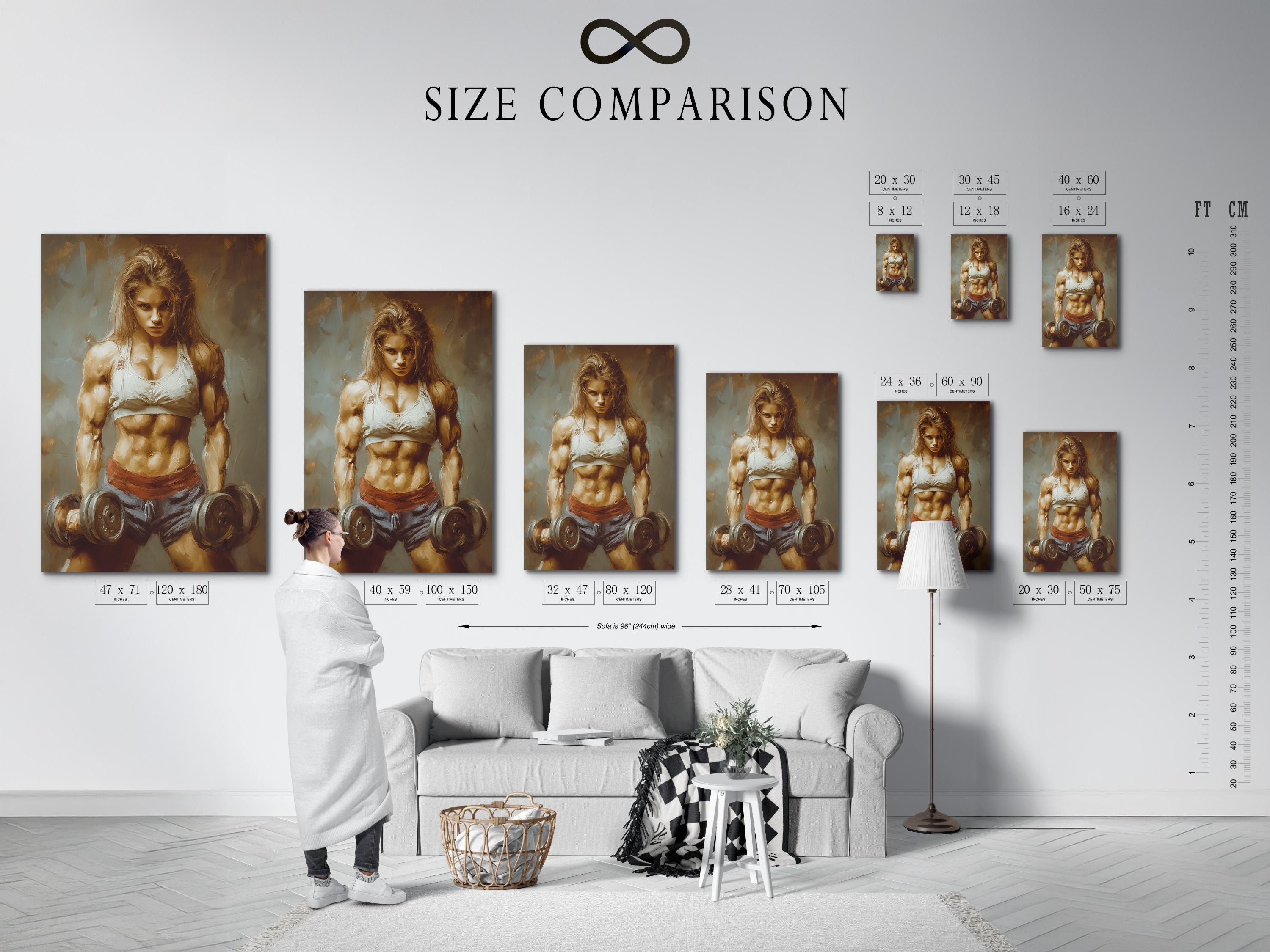 Gym or wellness room mockup showing a wall artwork of a muscular woman lifting dumbbells