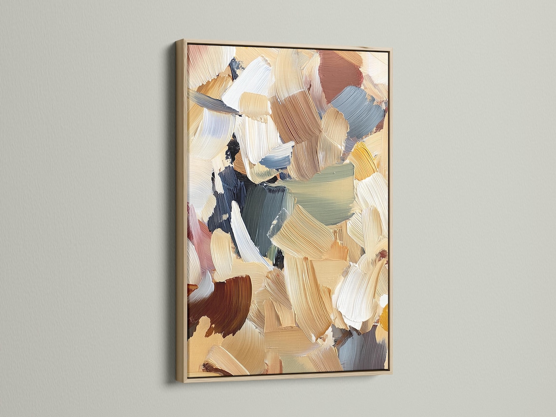 Room mockup showing an abstract beige and blue artwork in a frame with side angle thumbnails