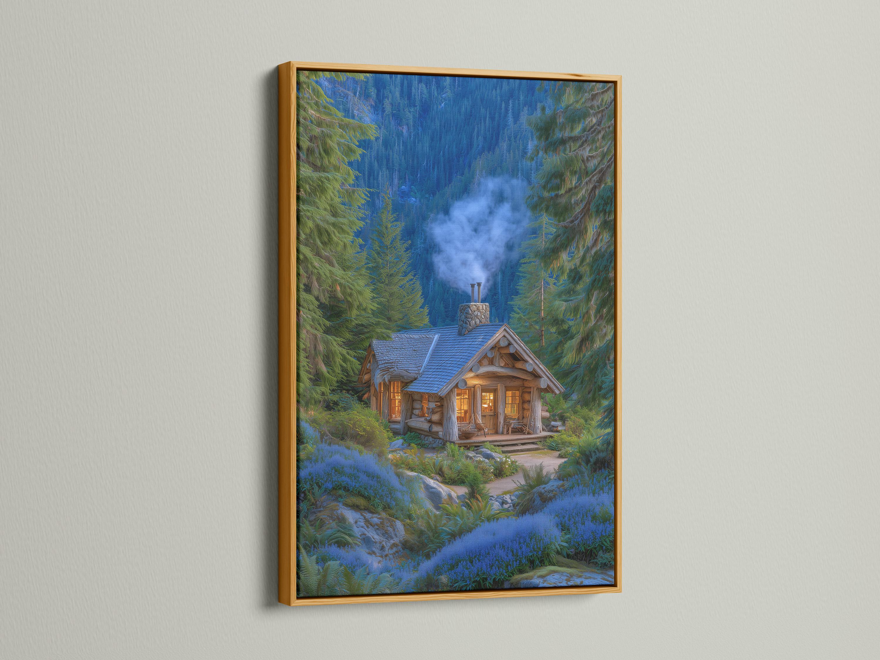 Forest cabin scene with evergreen trees, blue mist, and warm glowing windows detail view