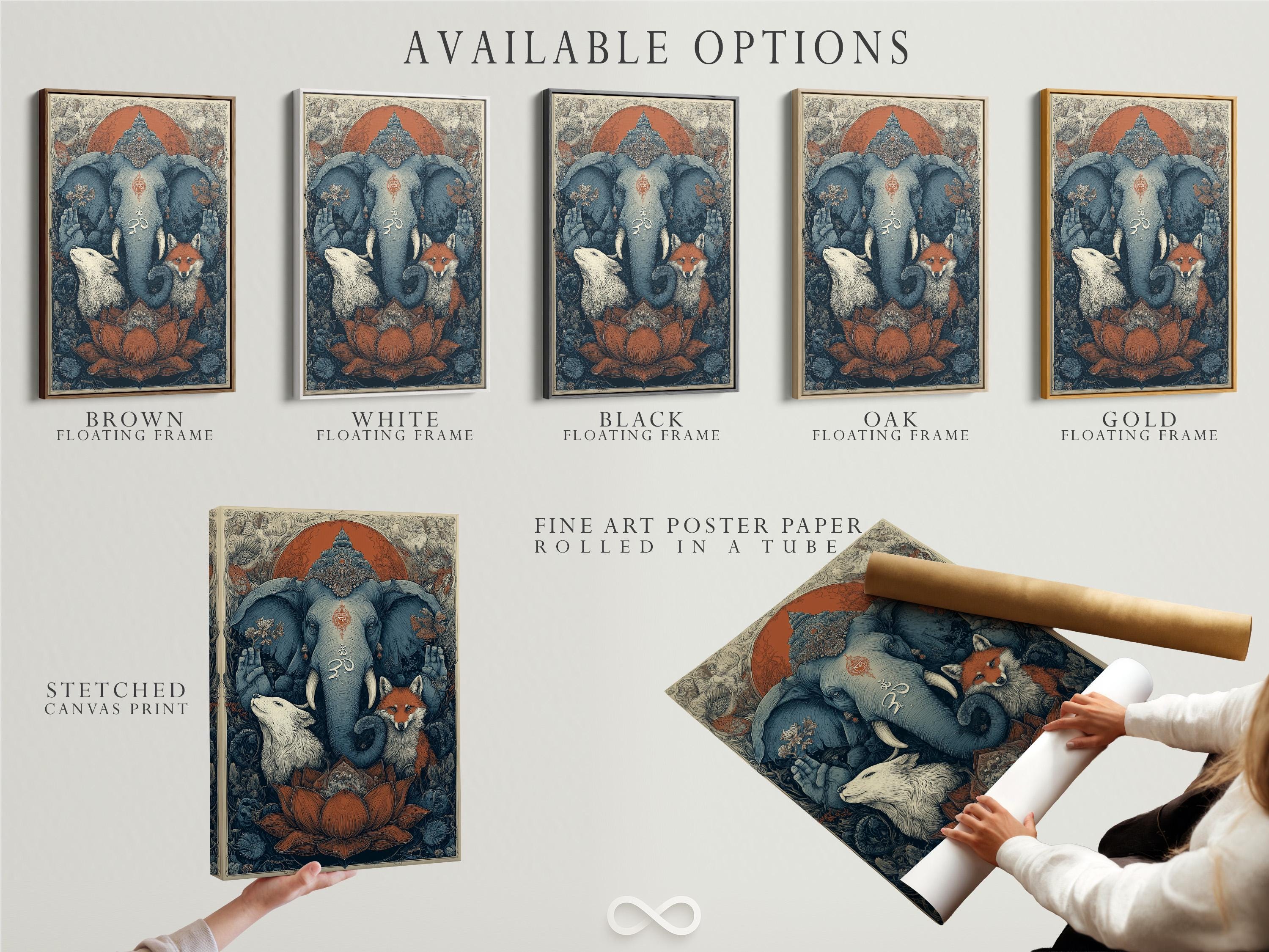 Ornate spiritual animal illustration of a blue elephant with an om symbol, fox and wolf in a forest scene detail view