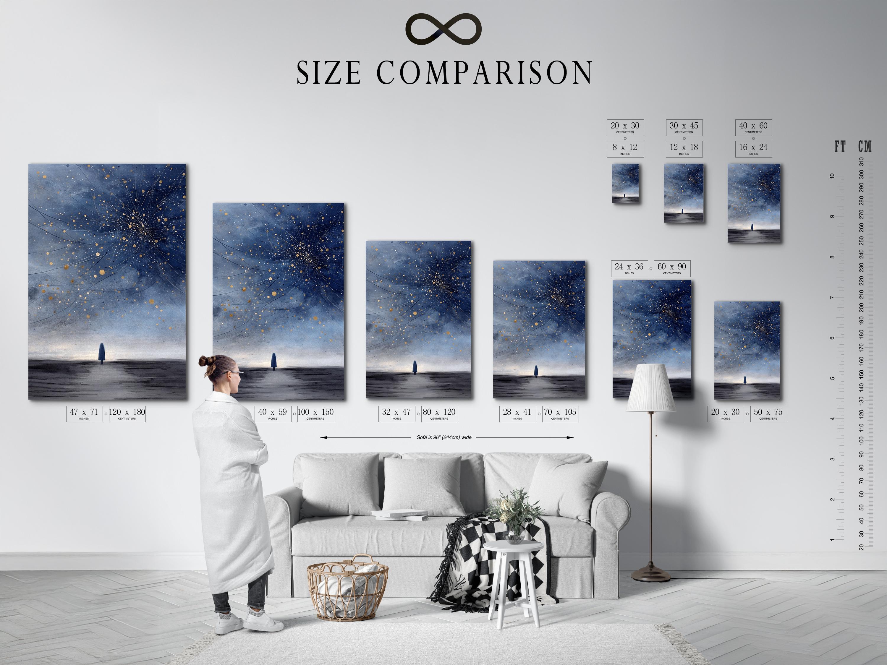 Room mockup showing framed navy blue starry night artwork with golden star dots and cosmic lines