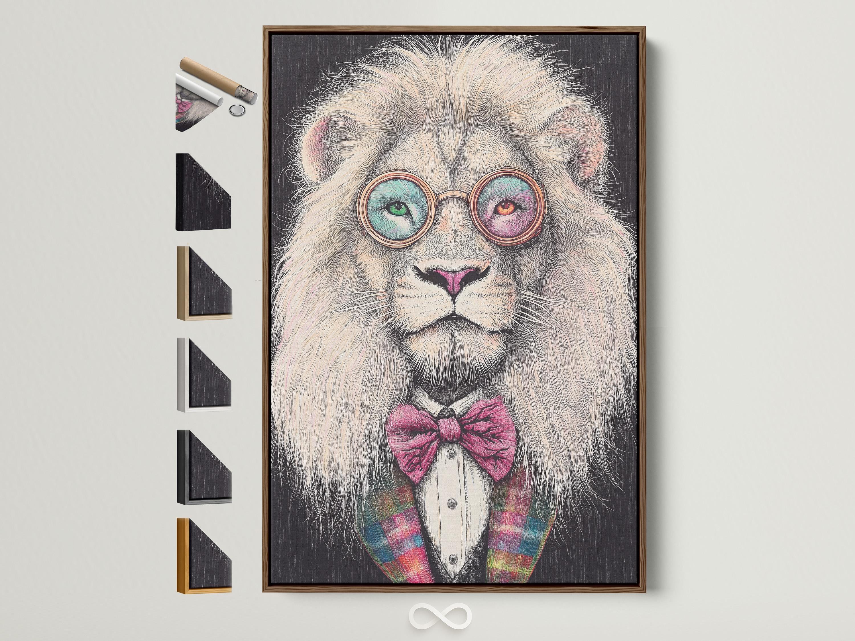 Stylised lion portrait with round glasses and a pink bow tie detail view