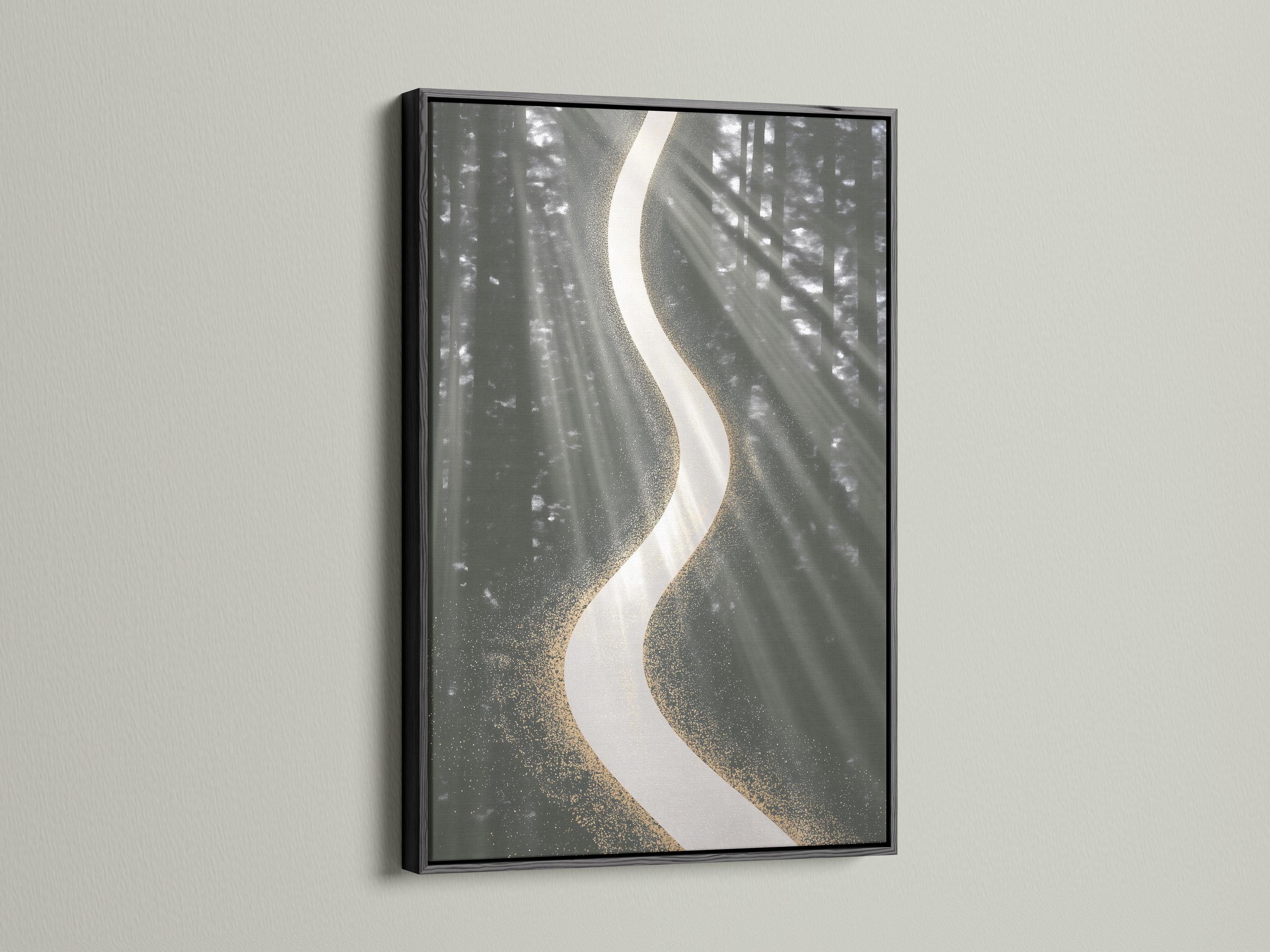 Abstract charcoal grey forest background with a large white curved ribbon and gold speckles detail view