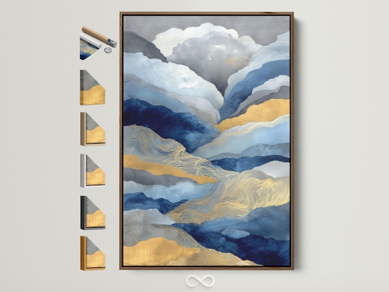 Abstract landscape with layered blue mountains, flowing contour lines, and warm gold highlights