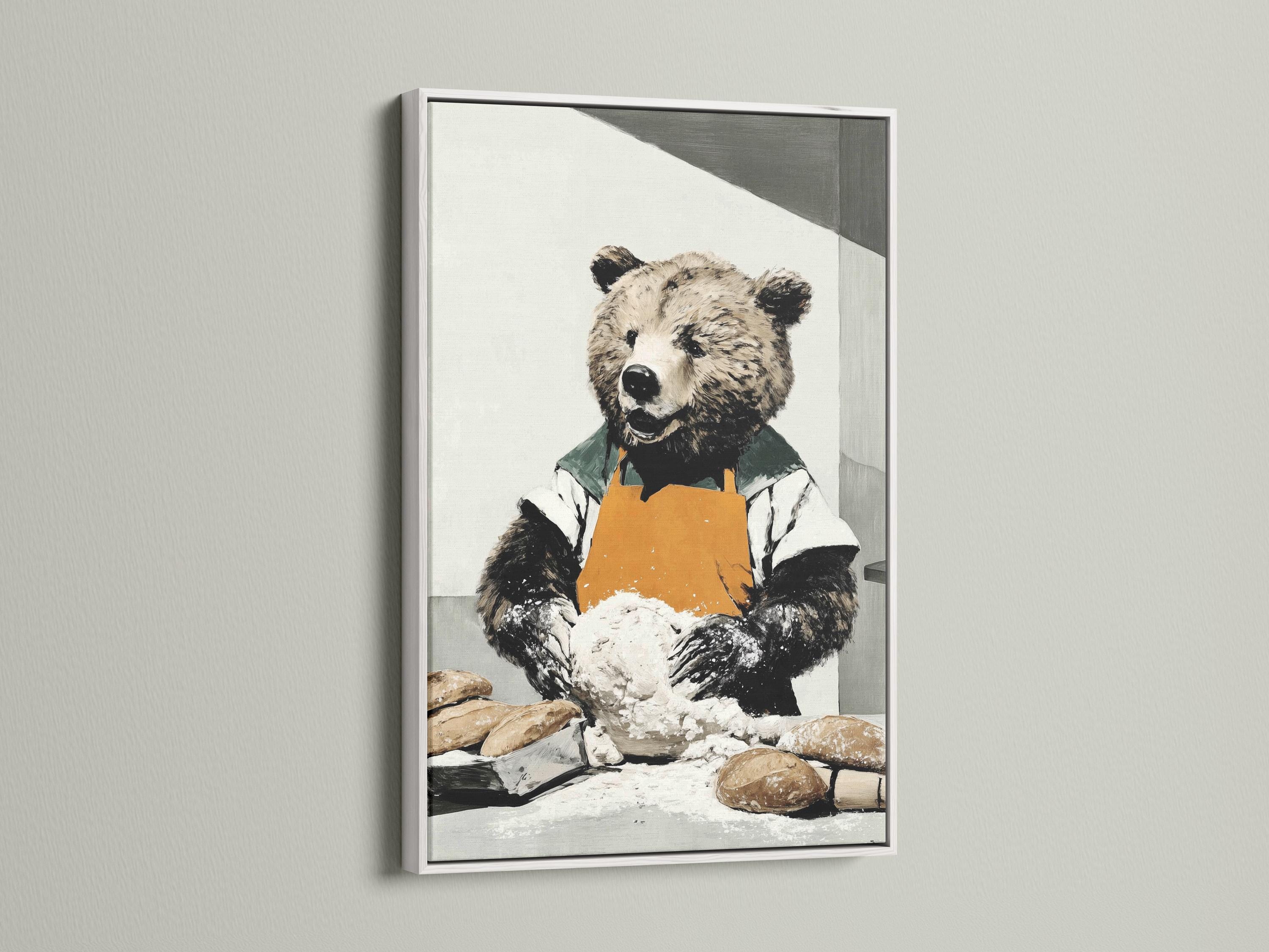 Bear baker artwork with an orange apron, green clothing, and dough on a table detail view