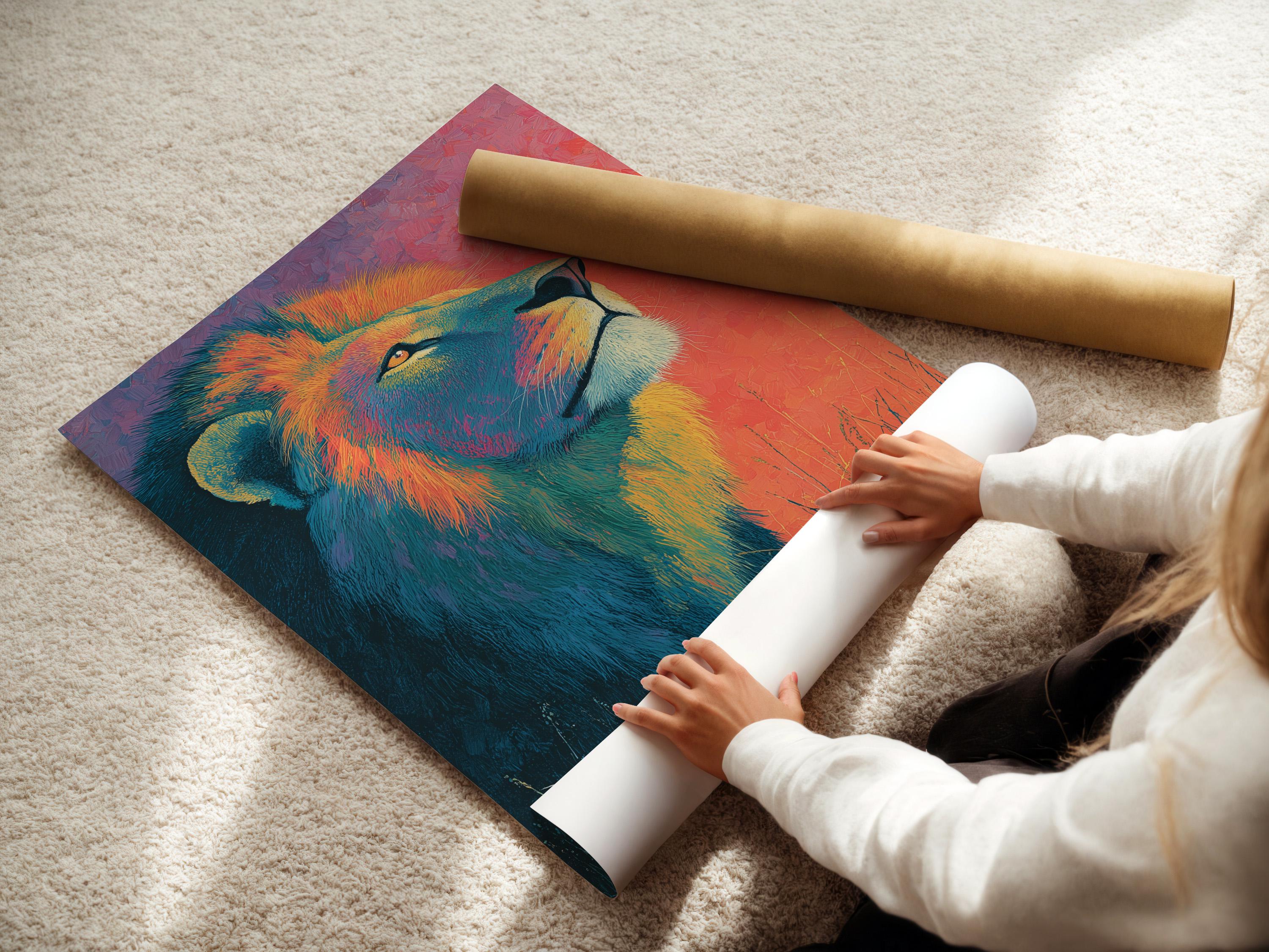 Room mockup showing a framed lion portrait in teal, coral and gold colours