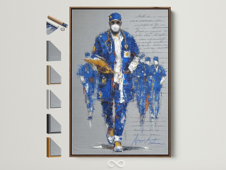 A blue masked healthcare worker with glasses and gold accents in a painterly portrait